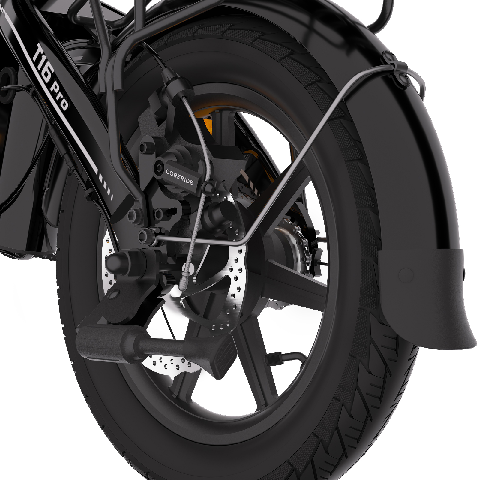 Nahaufnahme des schwarzen Hinterrads eines T16 Pro E-Bikes mit Scheibenbremse und Schutzblech.