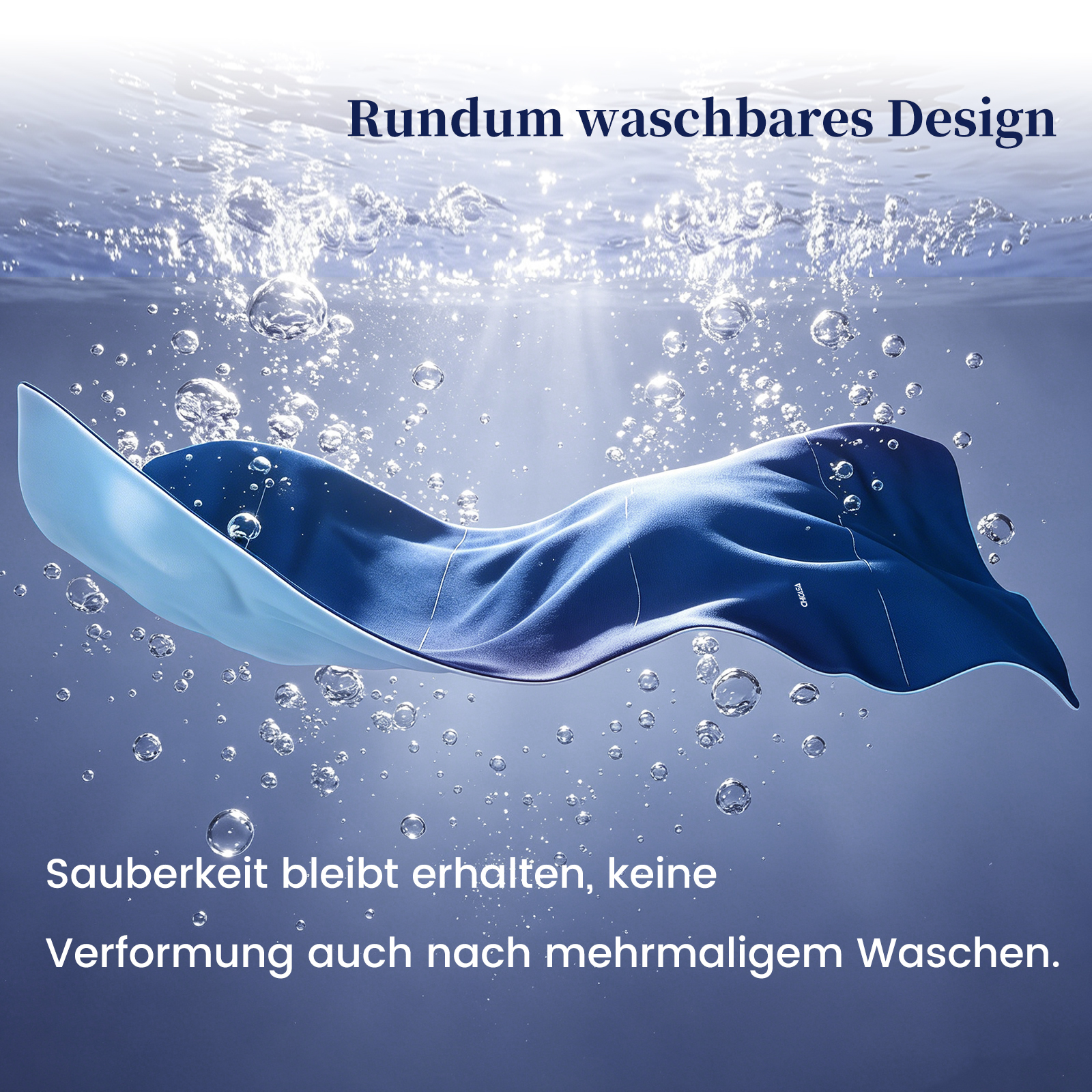 Ein blauer Stoff im Wasser mit aufsteigenden Blasen und Text über waschbares Design.