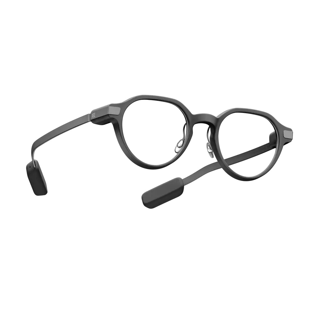 Unas gafas inteligentes negras con montura gruesa y patillas distintivas sobre fondo blanco.