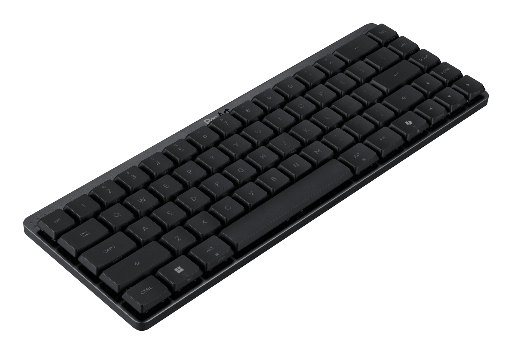 Czarna klawiatura bezprzewodowa z angielskim układem QWERTY i płaskimi klawiszami na białym tle.