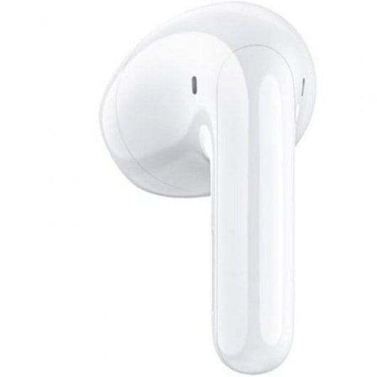 Un singolo auricolare wireless bianco su sfondo bianco.