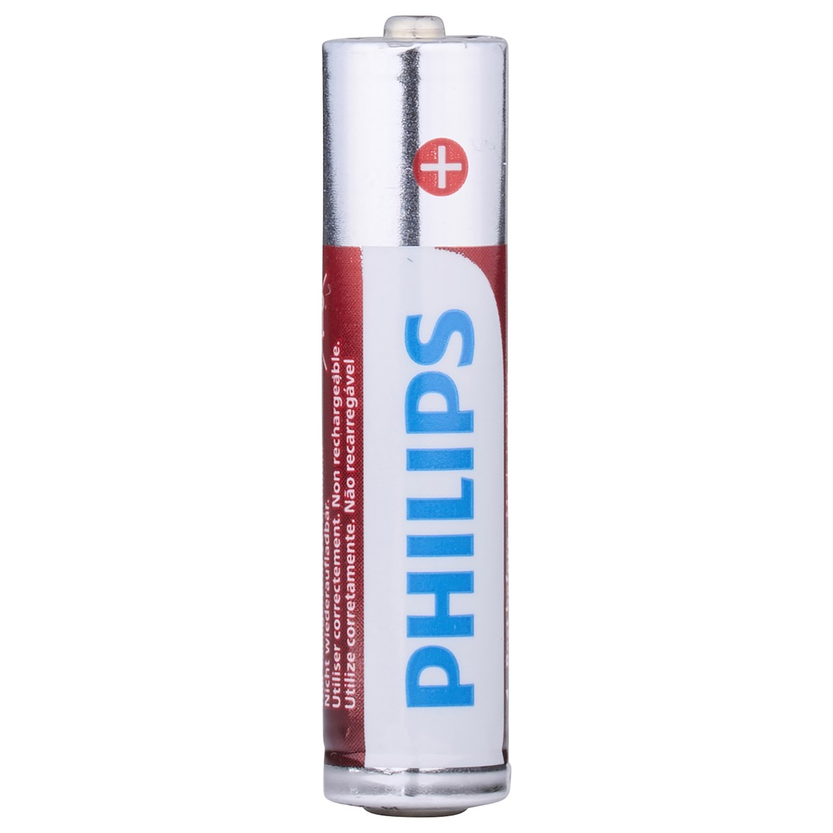 Une pile AA Philips verticale avec une marque rouge et blanche sur fond blanc.