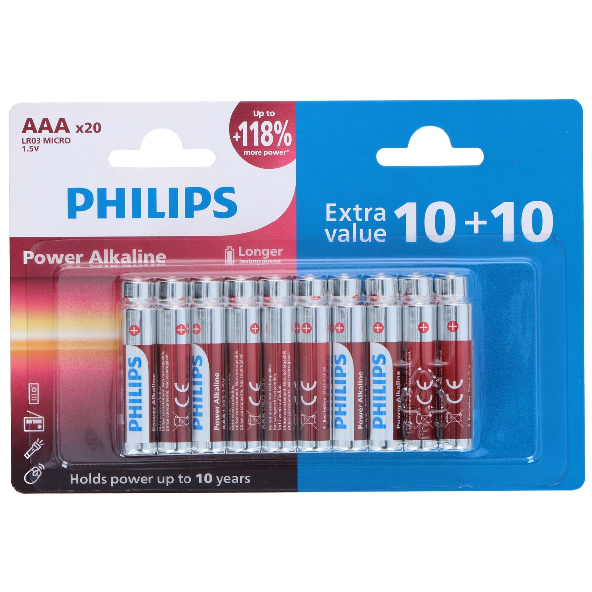 Un paquet de 20 piles alcalines Philips AAA Power en rouge, blanc et bleu.