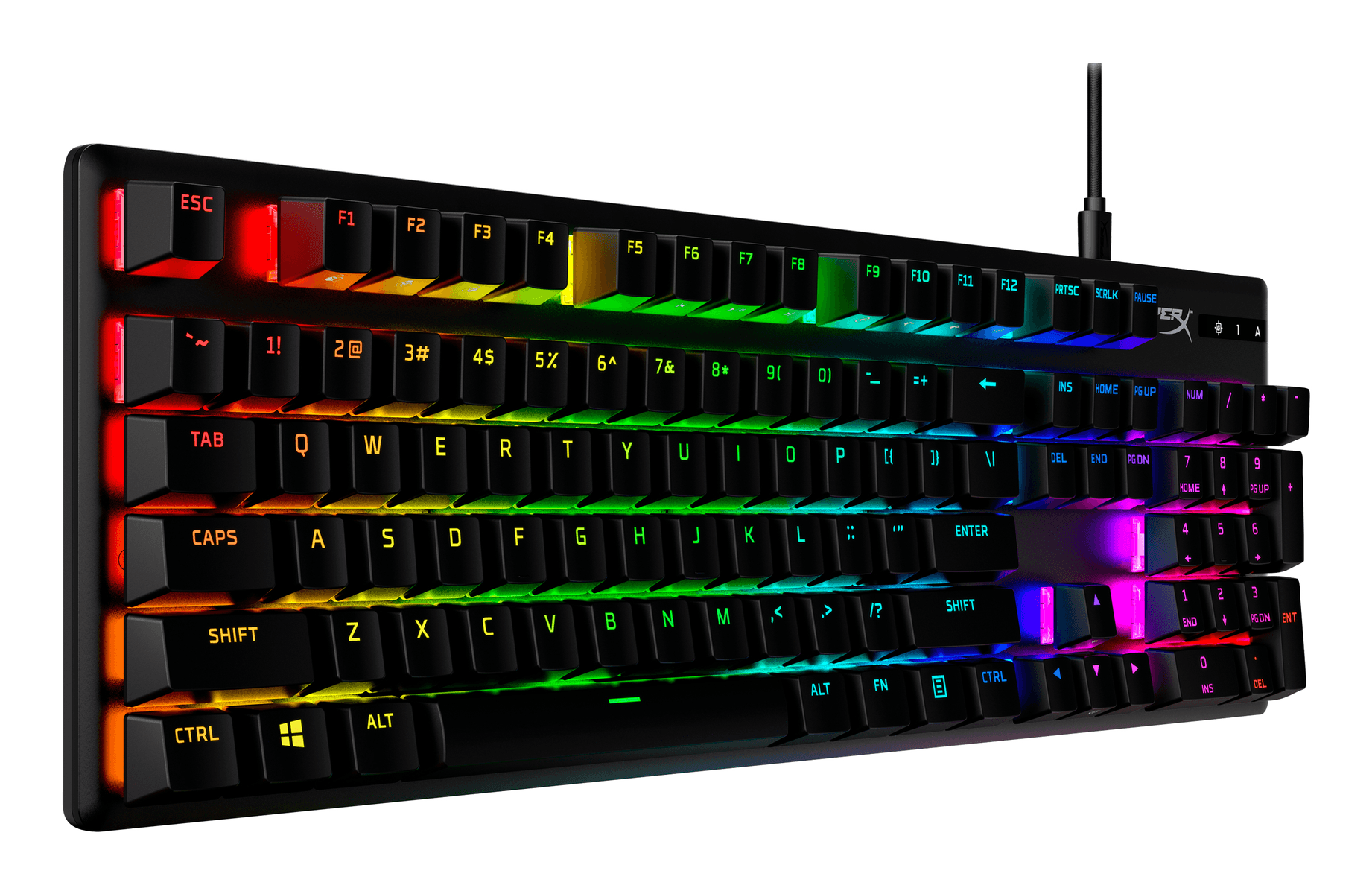 Teclado mecánico negro para juegos con vibrante retroiluminación RGB, visto desde un ángulo derecho.