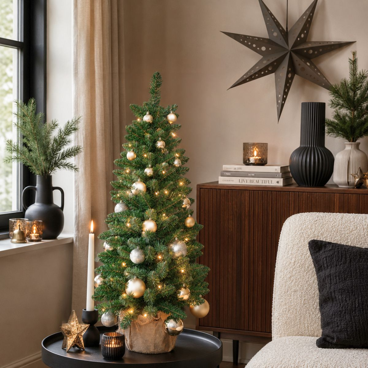 Ein kleiner Weihnachtsbaum mit goldenen und silbernen Kugeln auf einem Tisch, umgeben von Kerzen und festlicher Dekoration.