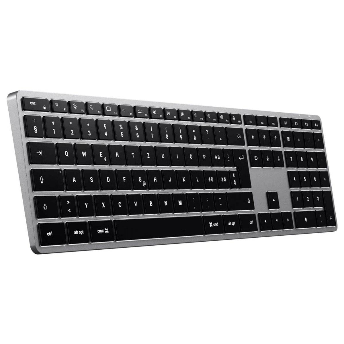 Eine silberne Computertastatur mit schwarzen Tasten und Nummernblock gegen einen weißen Hintergrund.