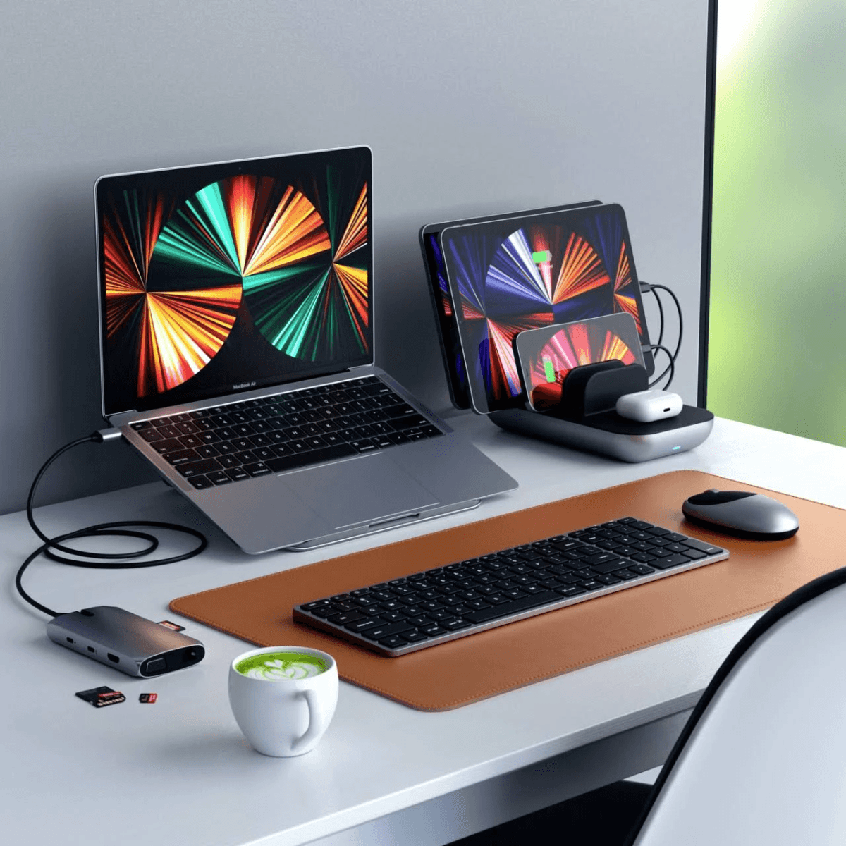 Moderne Schreibtischeinrichtung mit Laptop, Tablets, Hub, Tastatur, Maus und einer Tasse matcha.