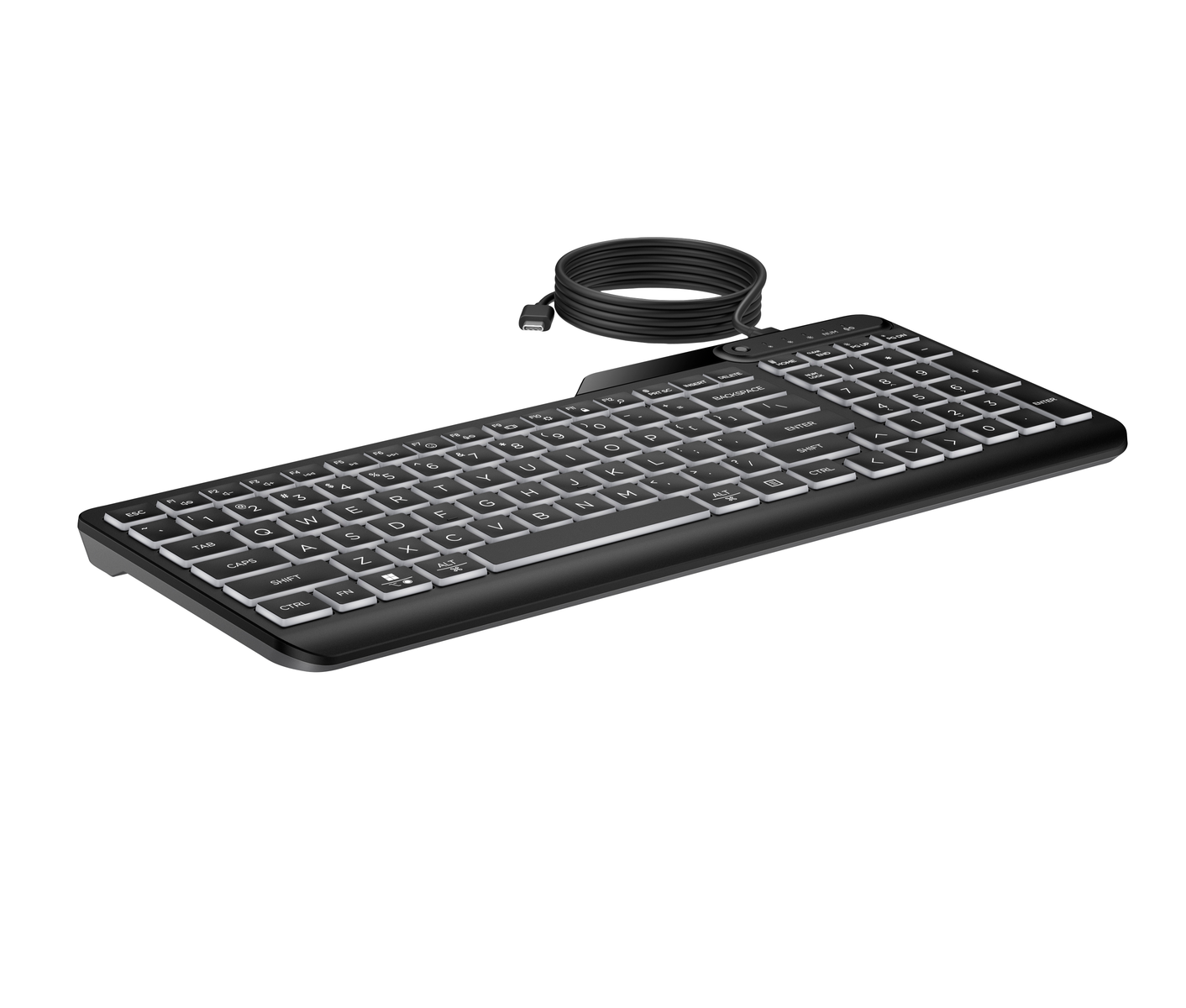 Una tastiera di computer nera con tasti dai bordi bianchi e un cavo USB arrotolato dietro.