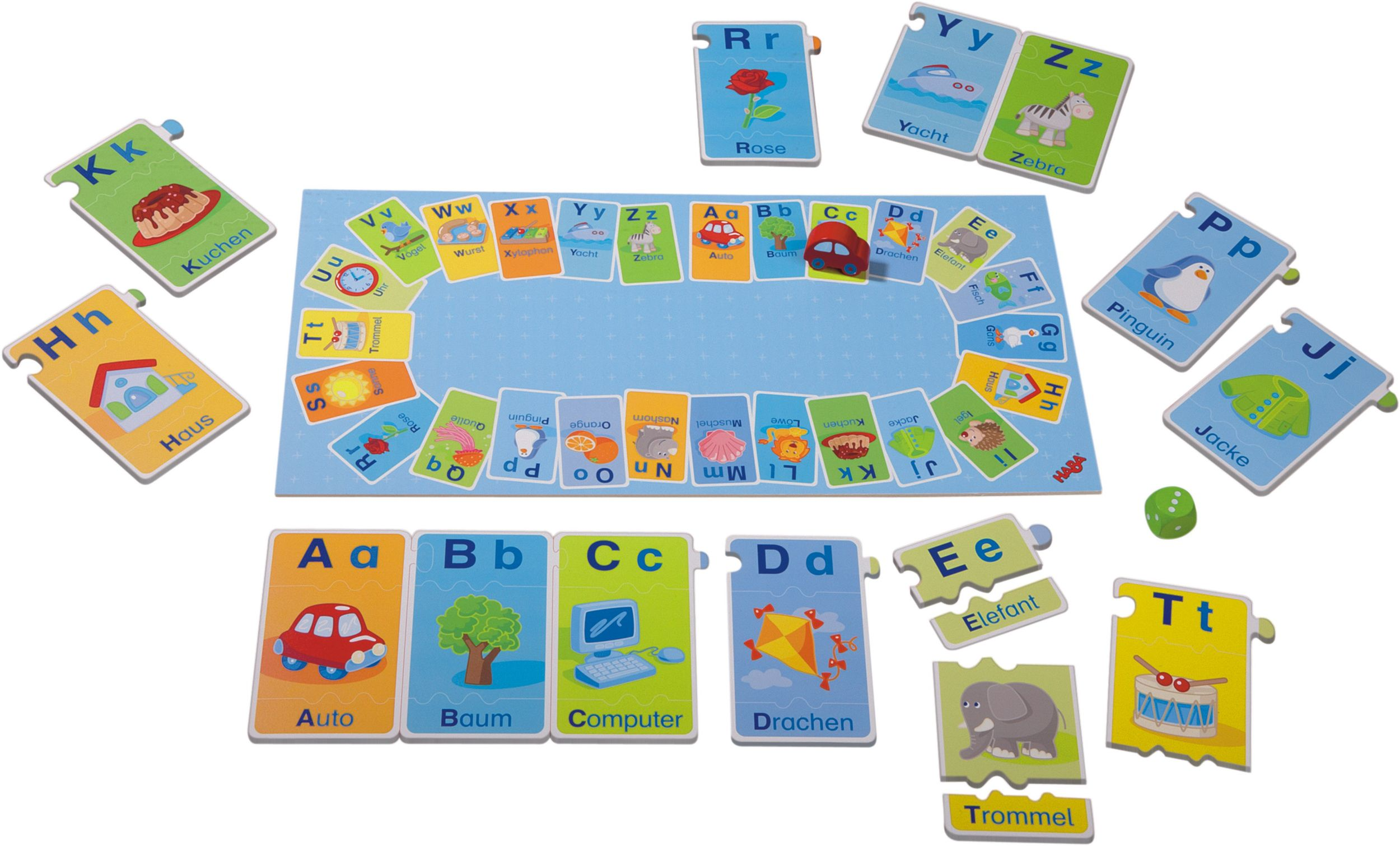 Ein flach ausgelegtes Alphabet-Lernspiel mit bunten Puzzleteilen rundherum, die Buchstaben und Bilder zeigen.
