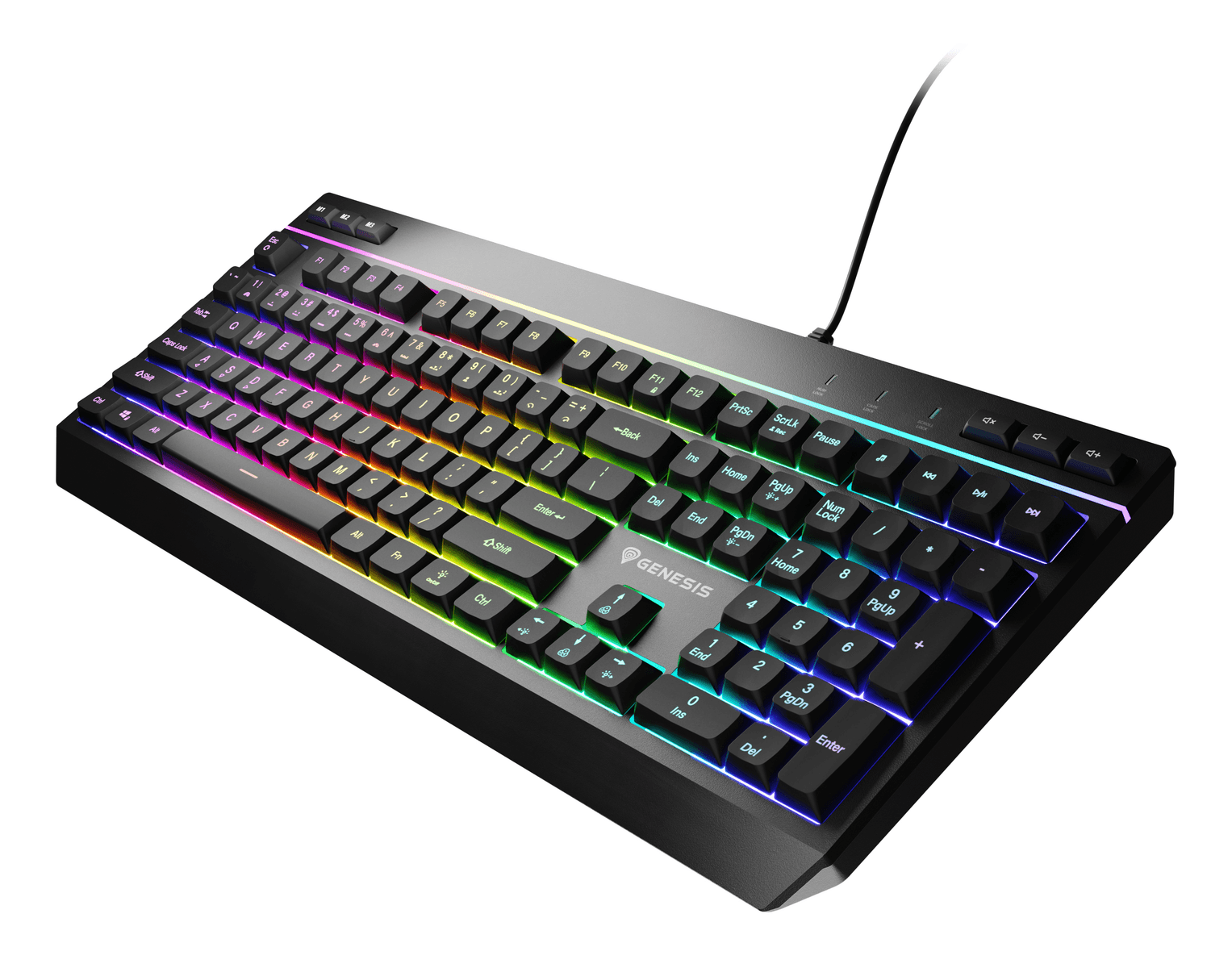 Una tastiera da gioco nera con vivace retroilluminazione RGB su sfondo bianco.