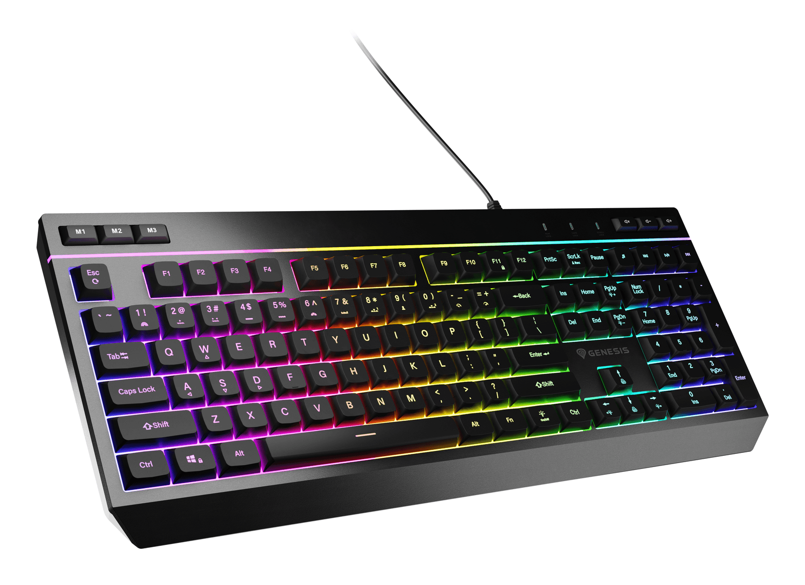 Una tastiera da gioco nera con vivace retroilluminazione RGB e cavo collegato, presentata su sfondo bianco.