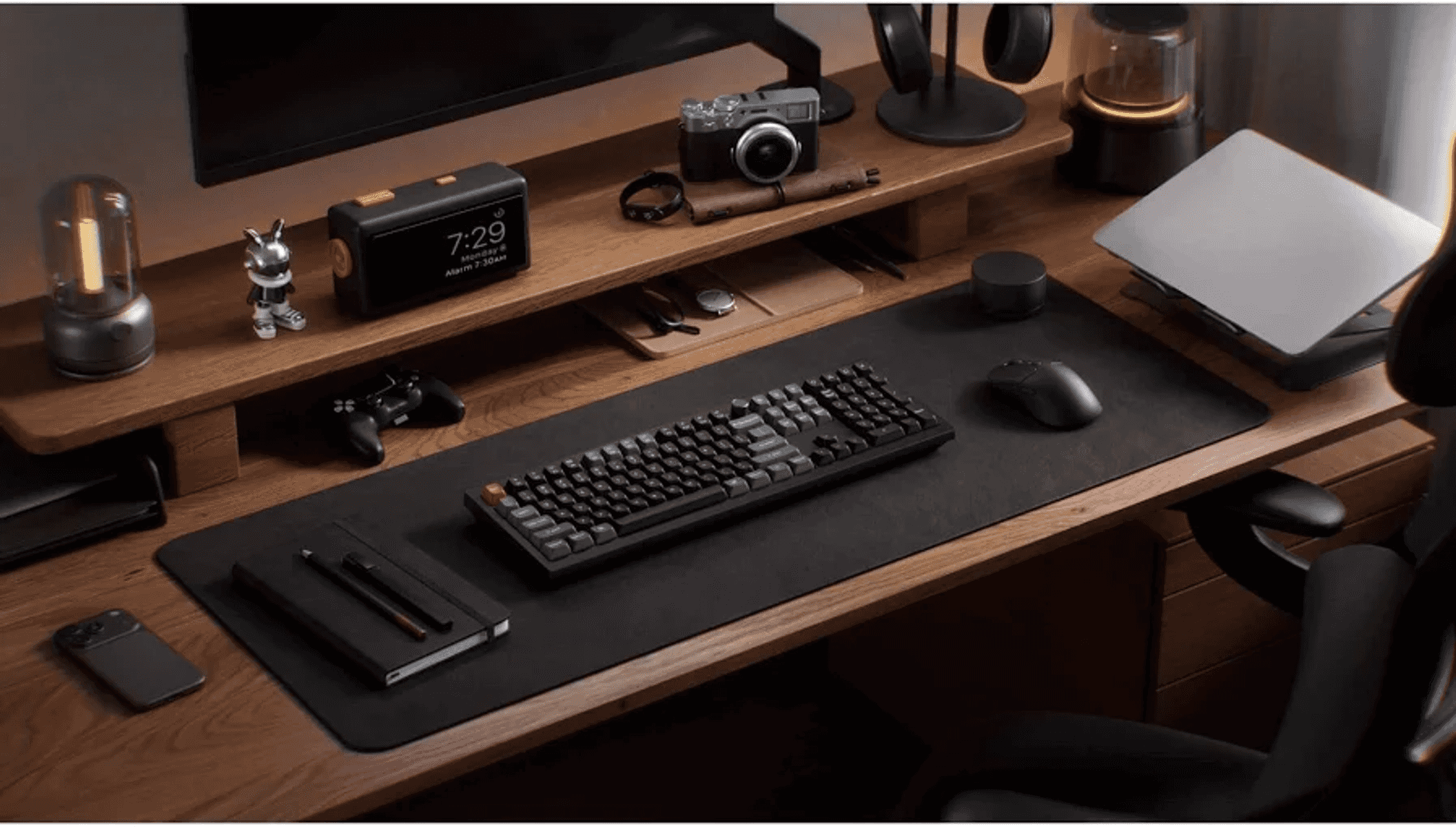 Una scrivania in legno organizzata con tastiera, mouse, laptop, fotocamera e lampade.