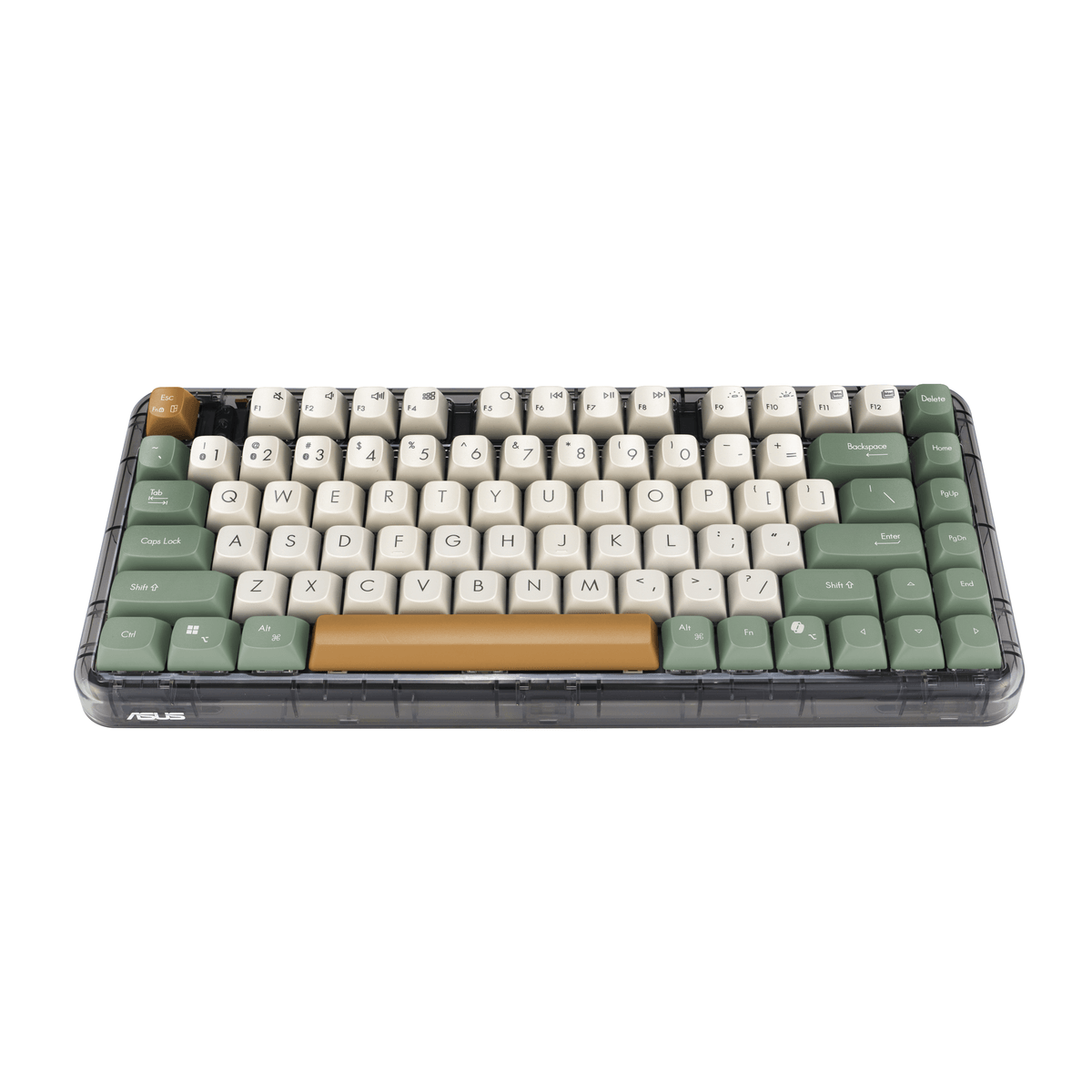 Una tastiera meccanica compatta con custodia trasparente, tasti color crema chiaro e tasti d'accento verde scuro e marrone.