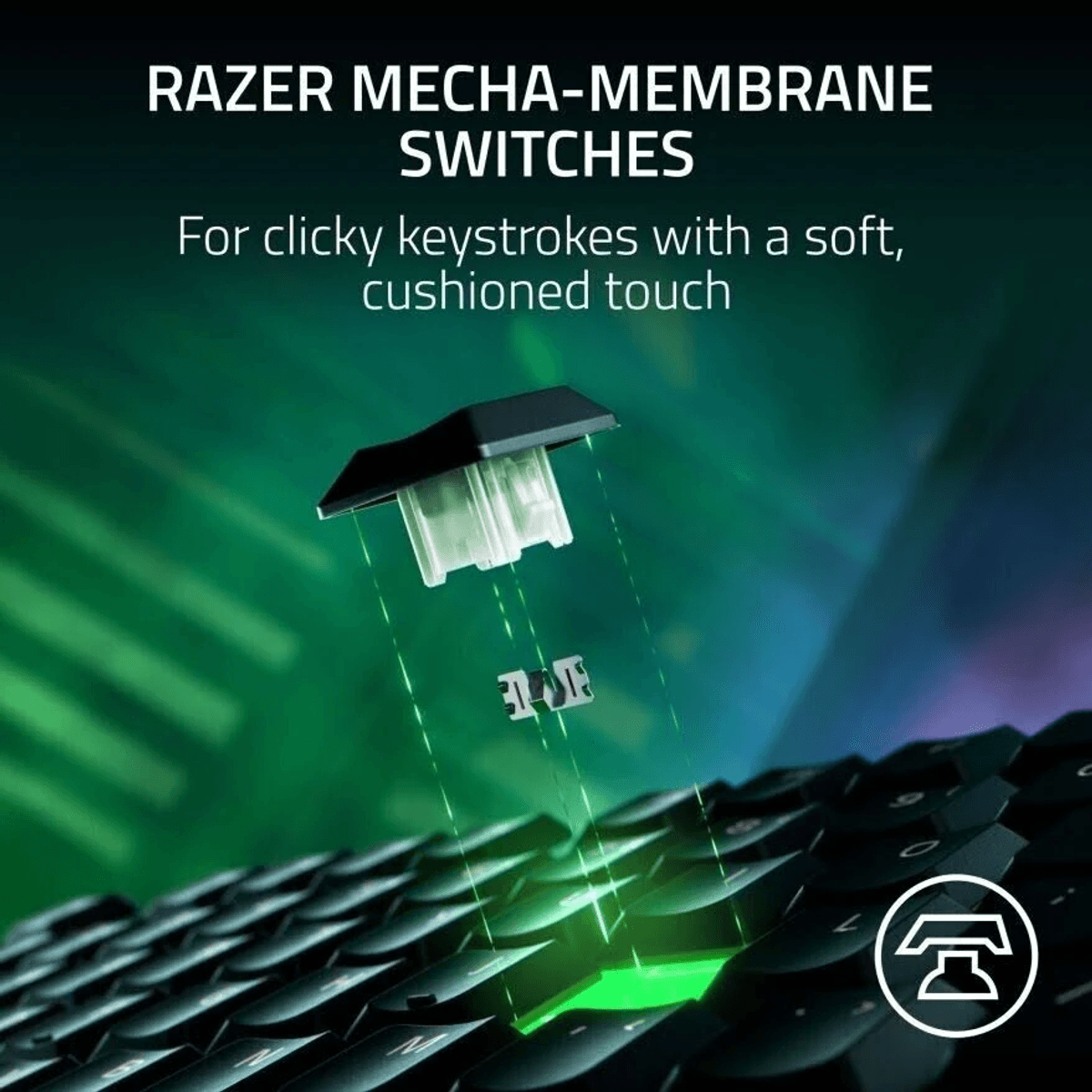 Interruttori mecha-membrane Razer che mostrano un tasto fluttuante sopra una tastiera con luce verde.