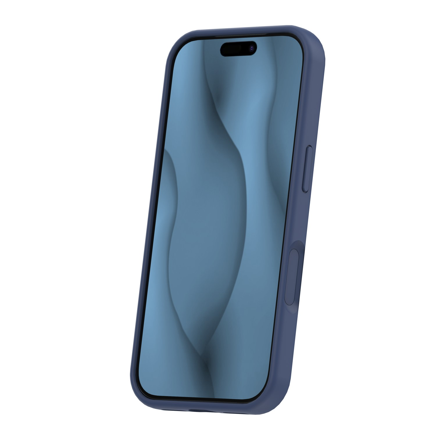 Ein Smartphone in einer dunkelblauen Hülle mit abstrakter blauer Tapete, isoliert auf weißem Hintergrund.