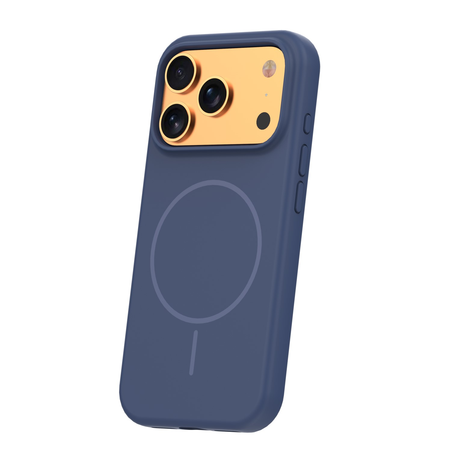 Blaue Smartphone-Hülle mit goldener Kamerablende und kreisförmigem MagSafe-Logo.