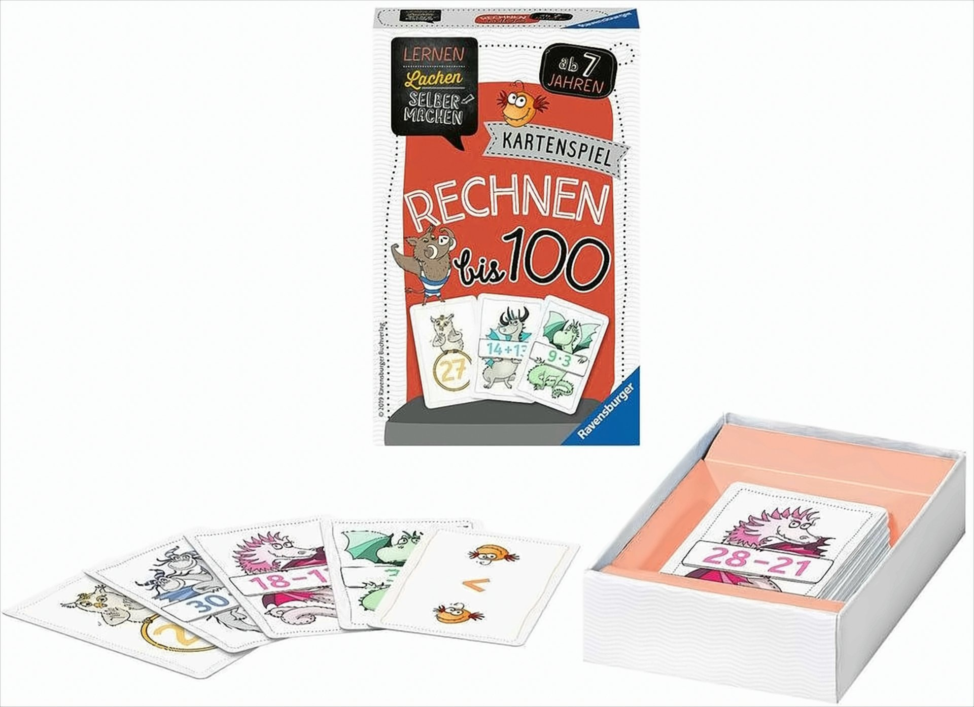 Ravensburger Kartenspiel Rechnen bis 100 mit Box und Karten mit mathematischen Aufgaben und Drachenmotiven.