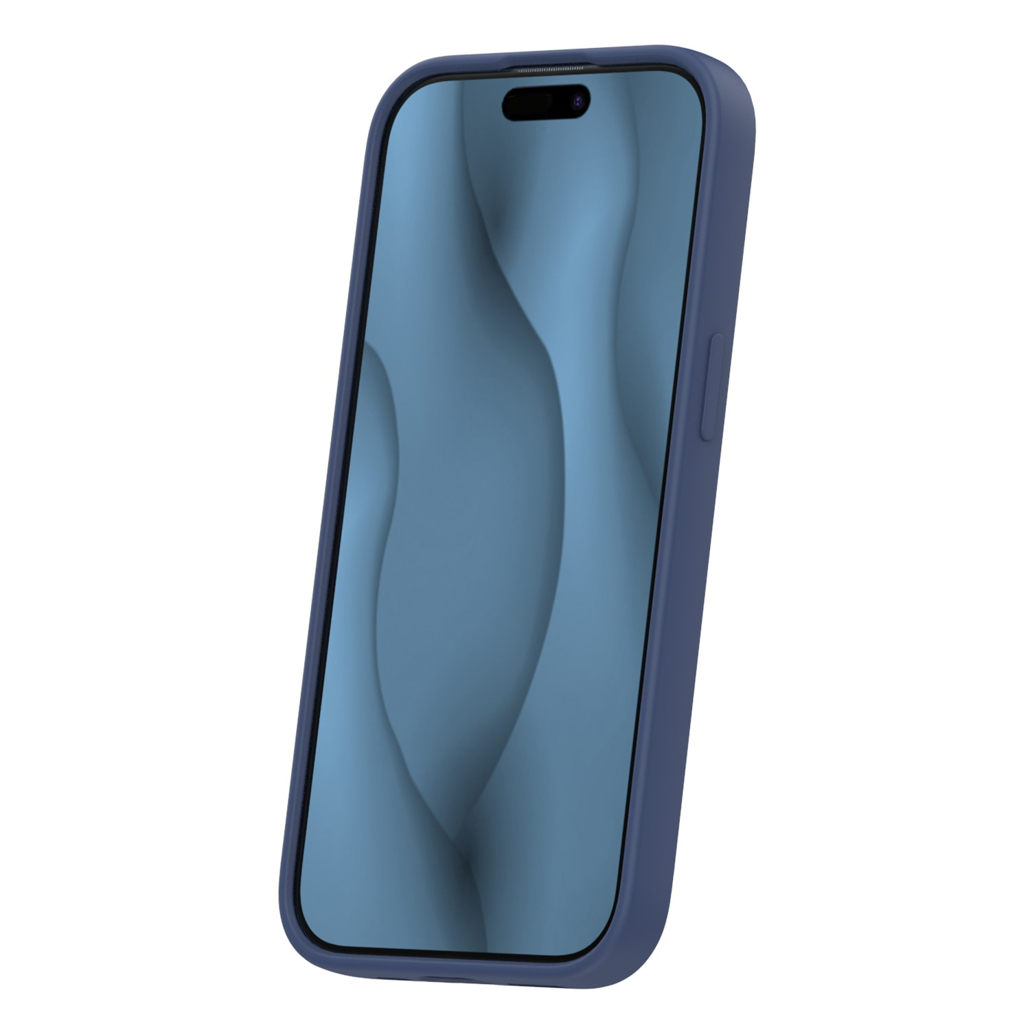 Ein Smartphone in dunkelblauer Hülle mit blauem abstrakten Wellen-Hintergrund auf weißem Grund.