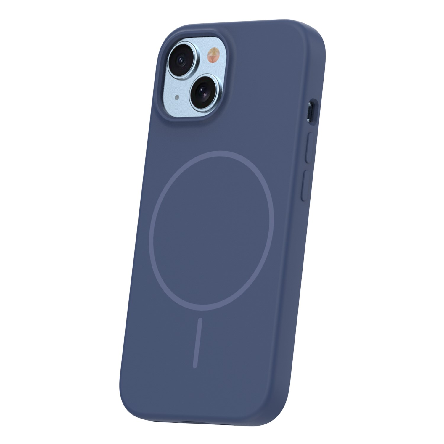 Blaue Smartphone-Hülle mit MagSafe-Ring und Kameraausschnitt auf weißem Hintergrund.