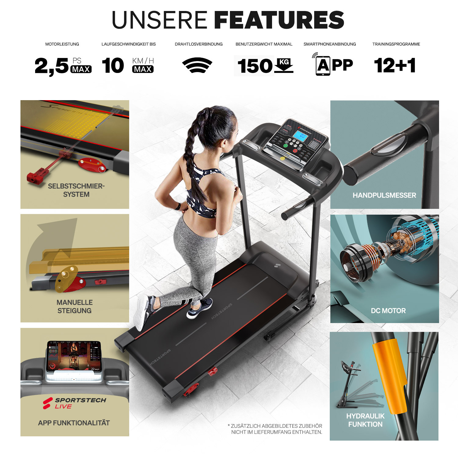 Übersicht über Funktionen und technische Details eines Sportstech Laufbands.