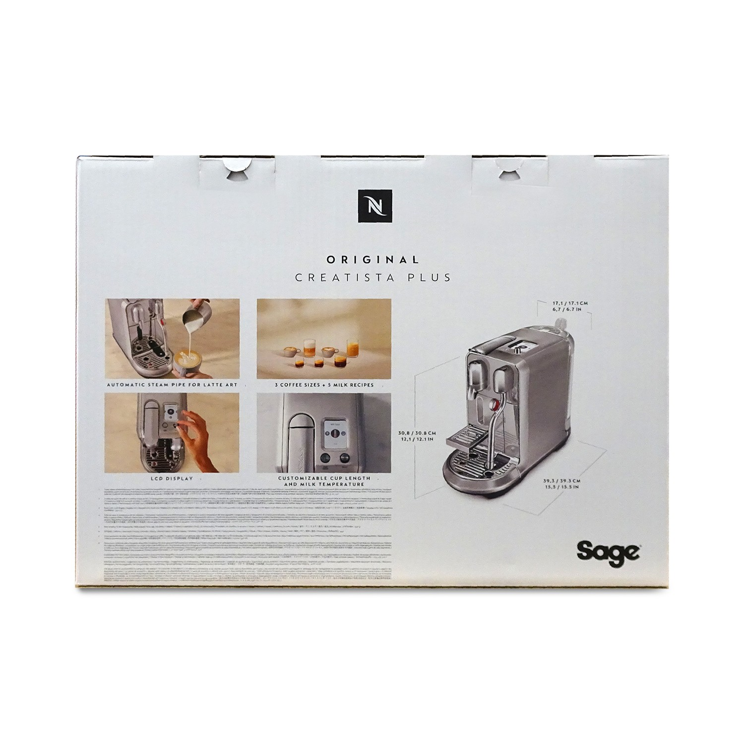 Weisse Produktverpackung der Sage Nespresso Creatista Plus mit Funktionen, Maßen und Maschinenfoto.