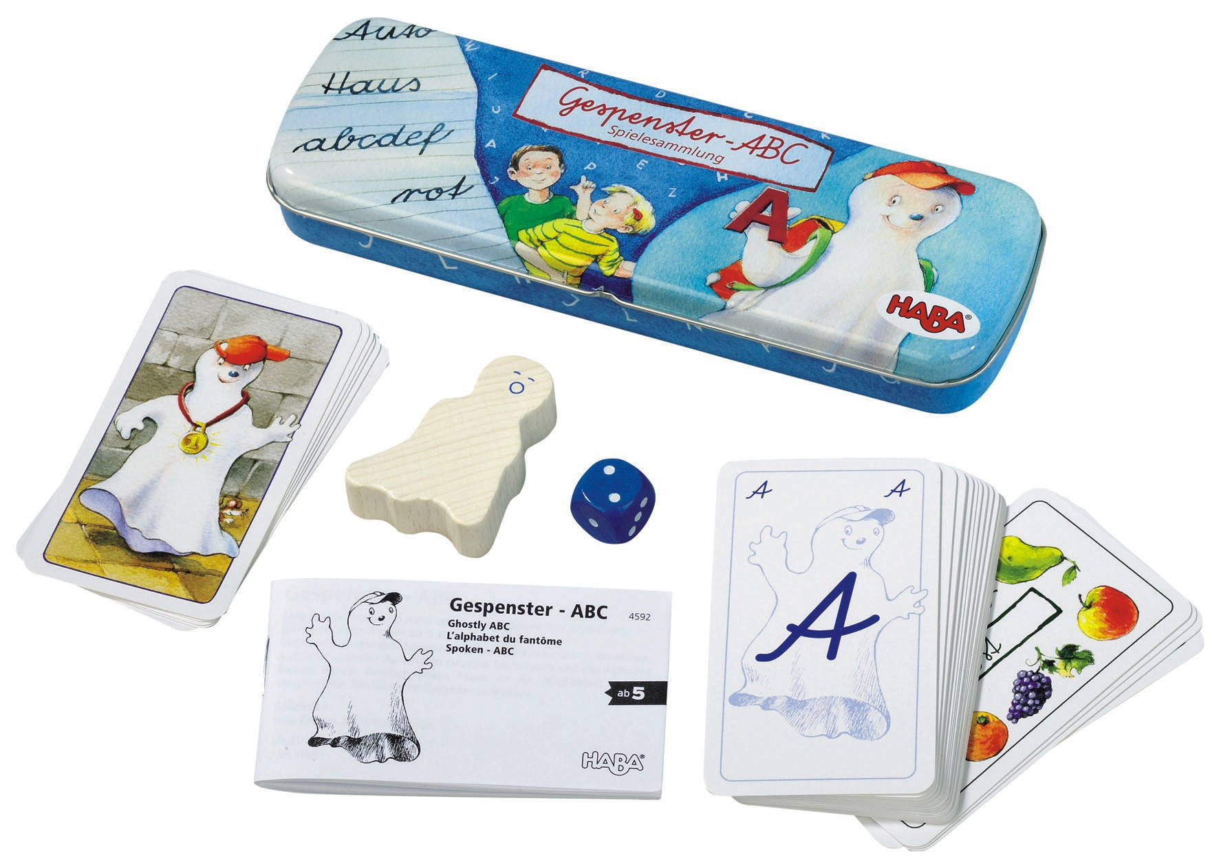 Gespenster-ABC Brettspiel von Haba mit Metalldose, Karten, Holzsperre, Würfel und Anleitung auf weißem Hintergrund.