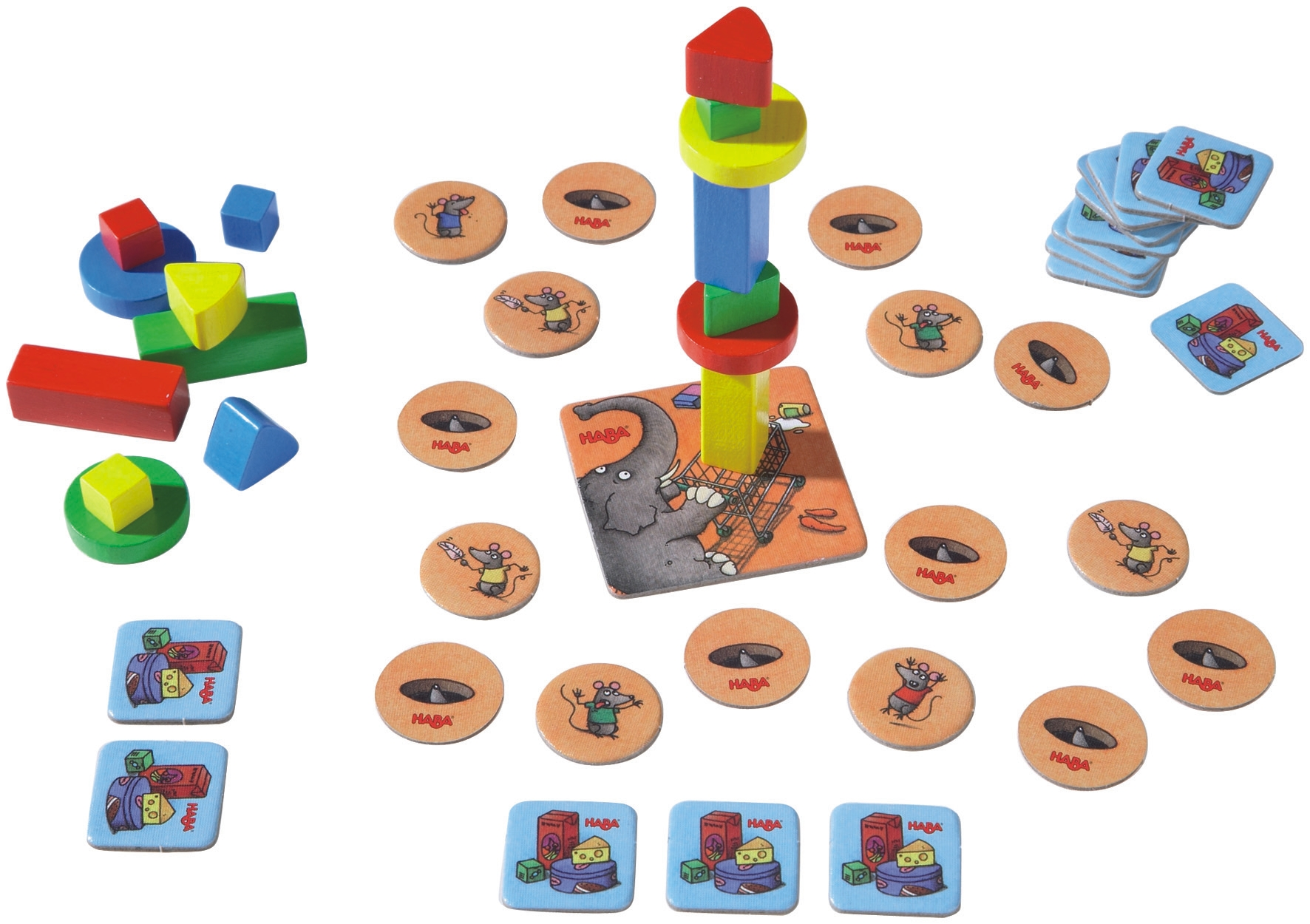Ein Kinderspiel mit bunten Holzklötzen, runden Markenkarten mit Mäusen und quadratischen Plättchen.