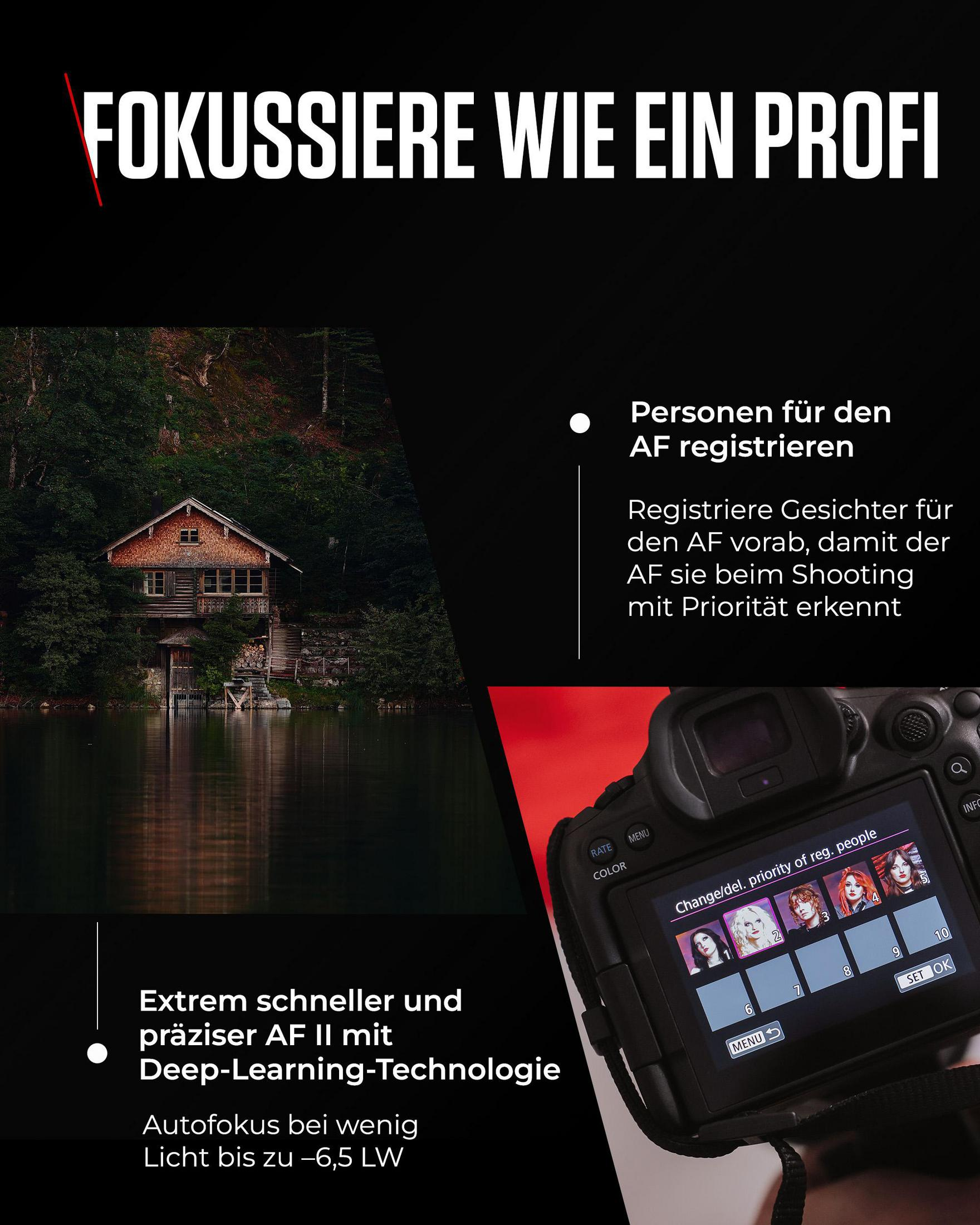Immagine promozionale autofocus con casa sul lago e schermo della fotocamera.