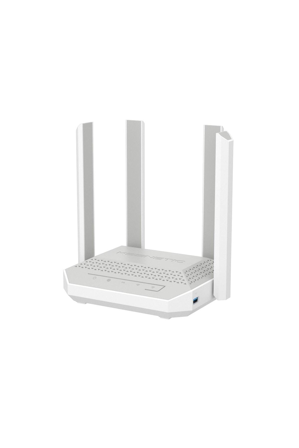 Üç dikey antenli beyaz bir Wi-Fi yönlendirici beyaz bir yüzey üzerinde duruyor.