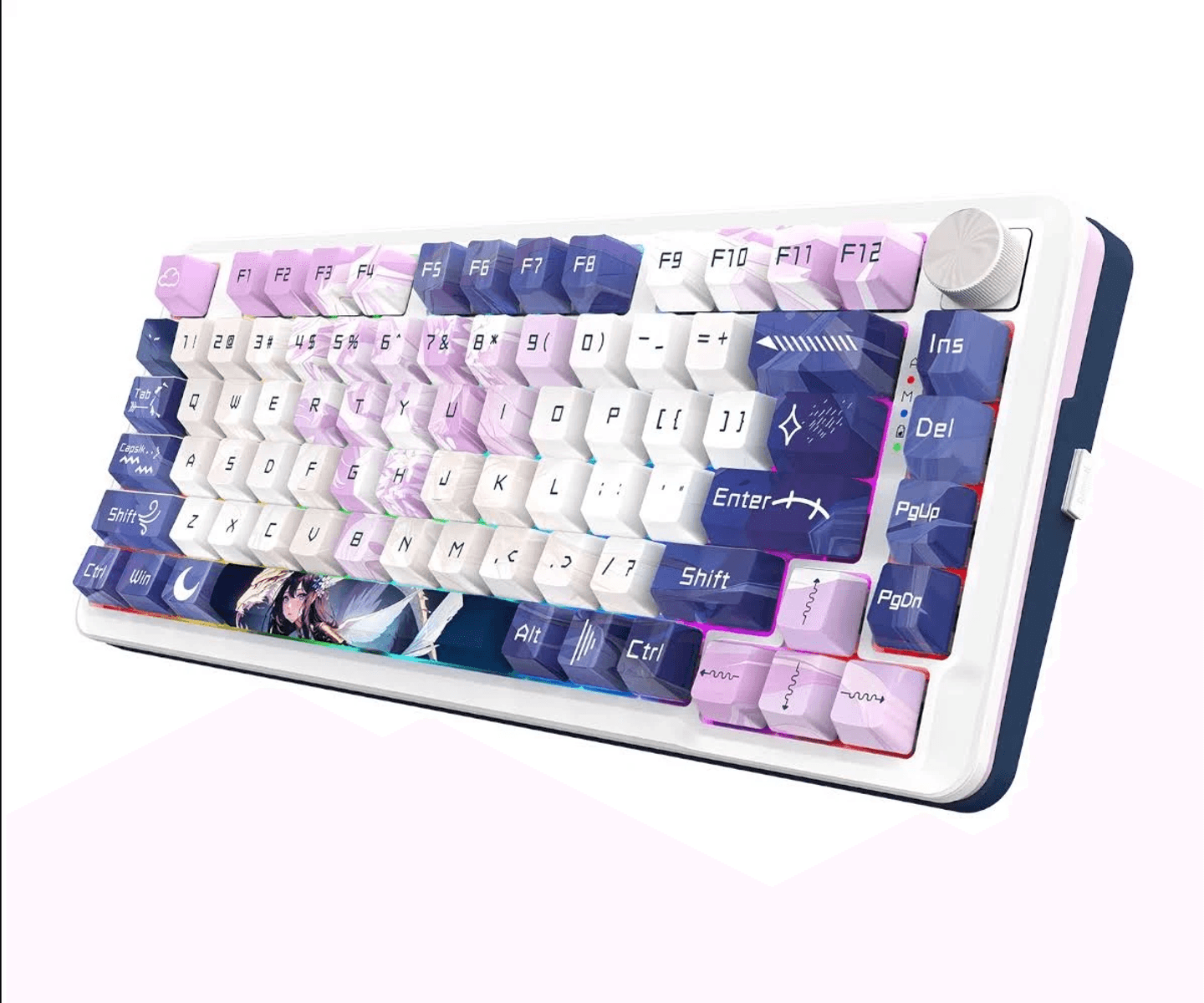Una tastiera meccanica bianca e blu con tasti personalizzati in marmo viola e bianco.