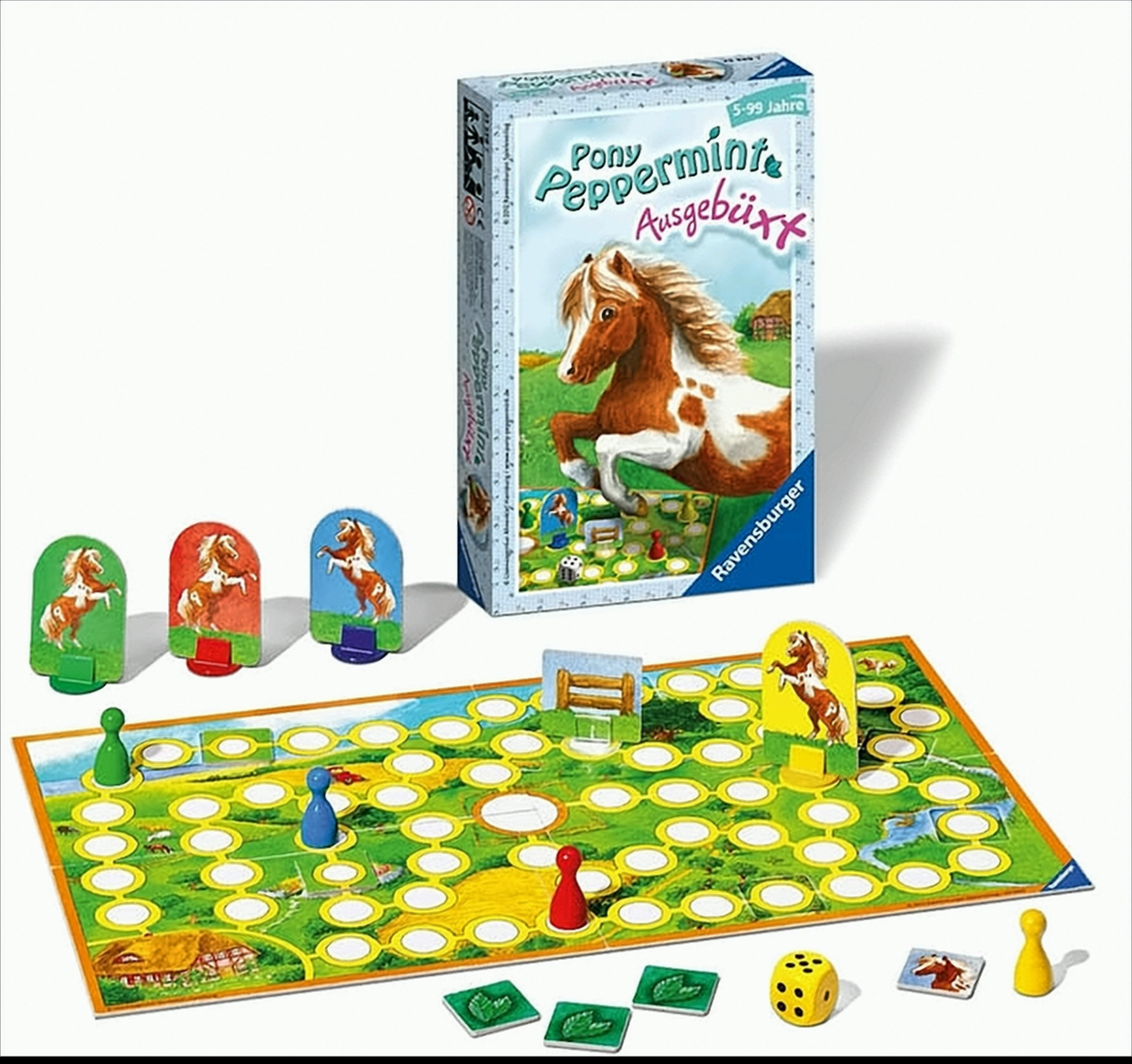 Pony Pepermint Ausgebüxt Brettspiel mit Box, Spielbrett, Figuren, Würfel und Karten.