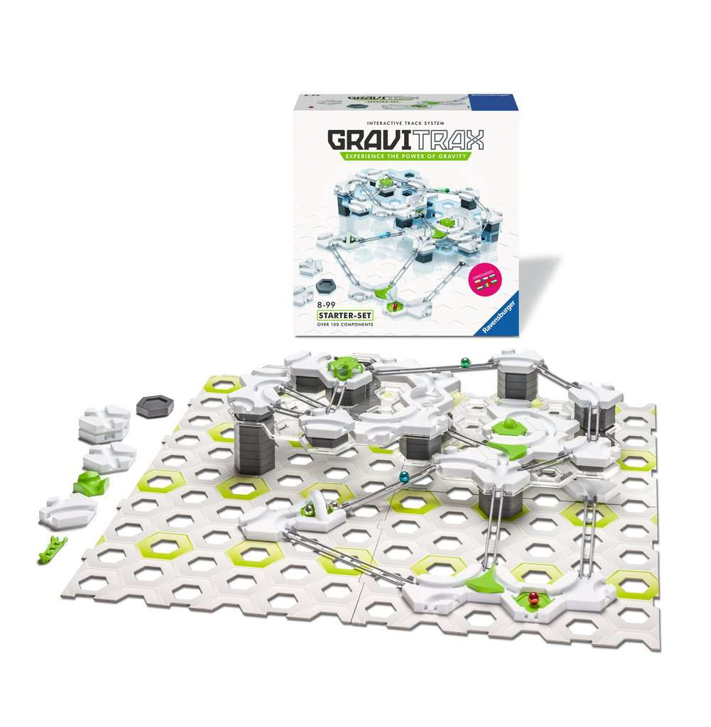 Ravensburger GraviTrax Starter-Set mit aufgebauter Kugelbahn und Verpackung.