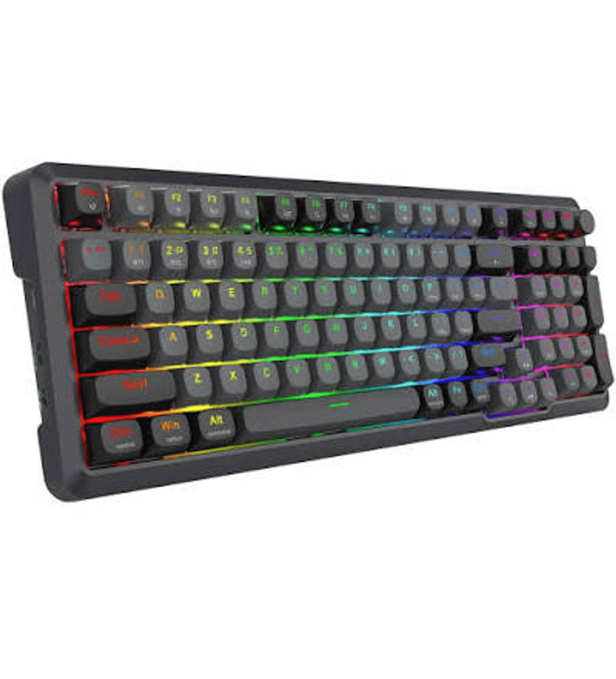 Una tastiera da gioco meccanica nera con colorata retroilluminazione RGB su sfondo bianco.