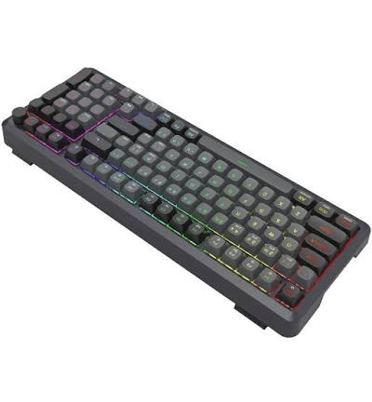 Una tastiera meccanica nera con retroilluminazione RGB multicolore su sfondo bianco.