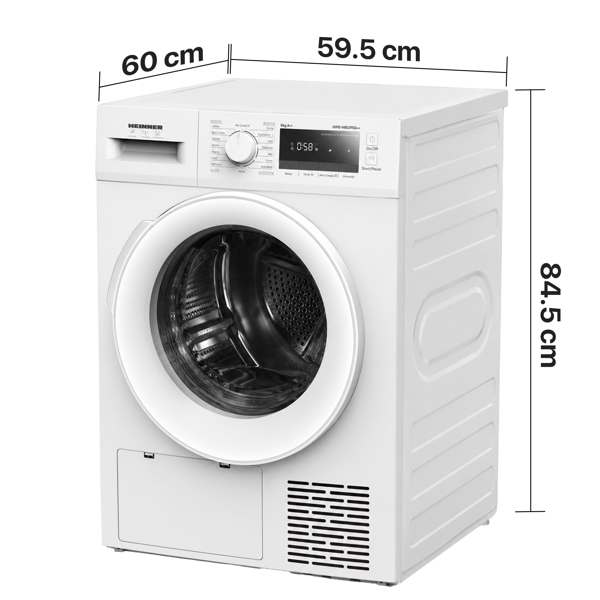 Weisser Heinner Waeschetrockner mit Massen: 60 cm Breite, 59,5 cm Tiefe und 84,5 cm Hoehe.