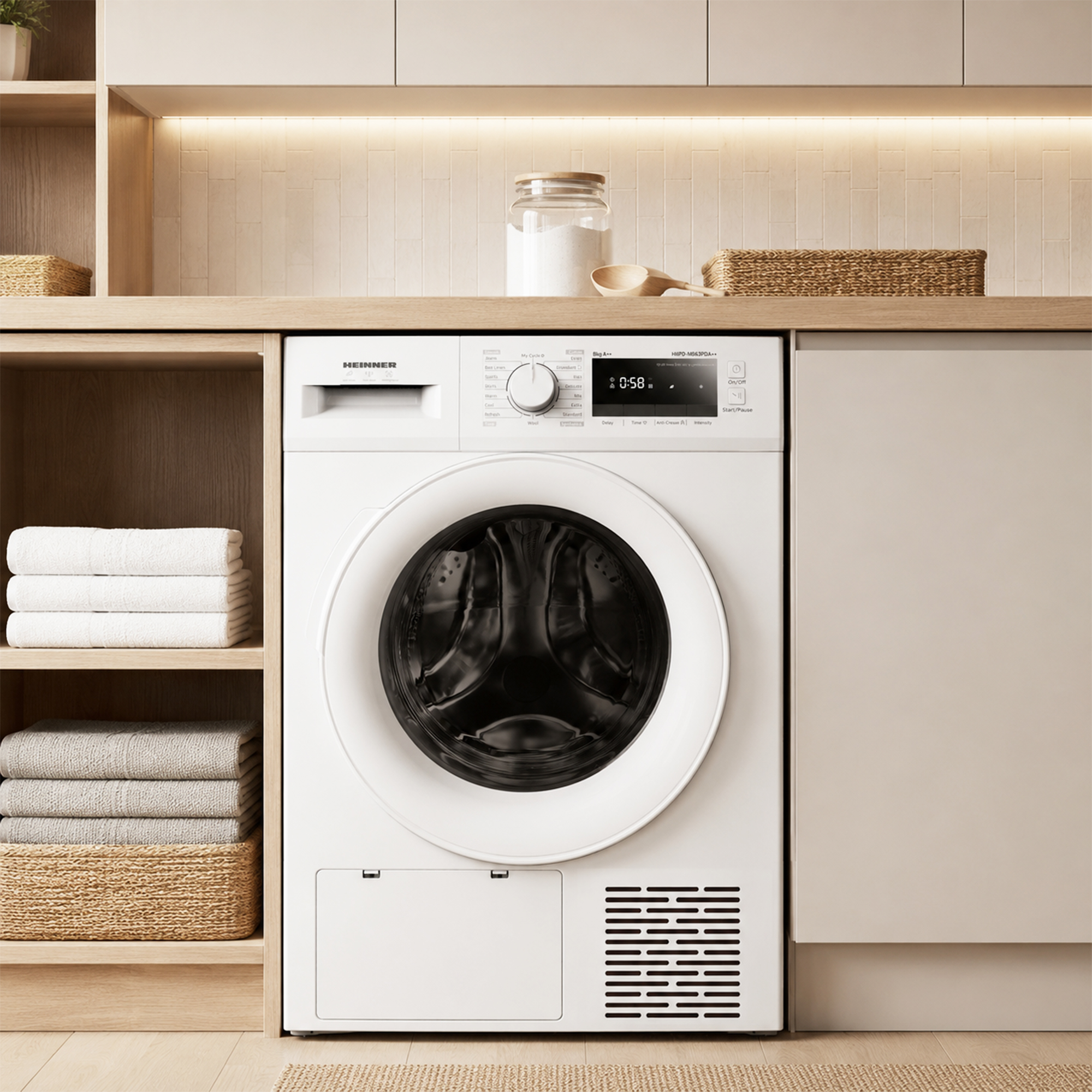 Eine weiße Heinner Waschmaschine steht in einem modernen Holzküchenregal mit Handtüchern.