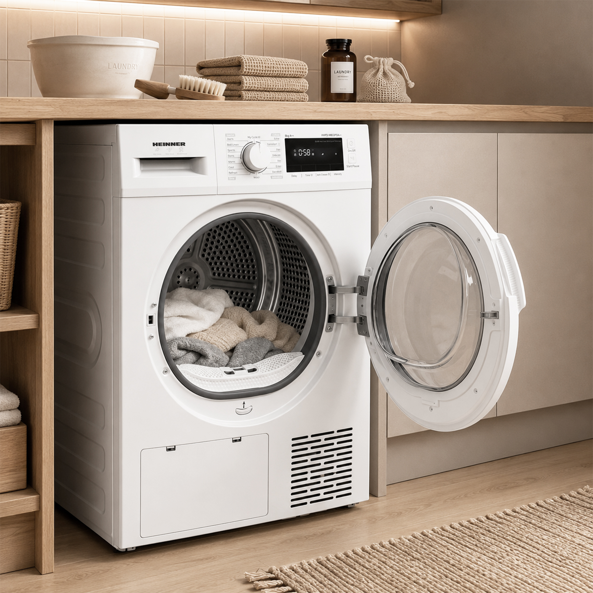 Ein weißer Trockner mit offener Tür und Kleidung im Inneren steht unter einer Holztheke mit Waschsachen.