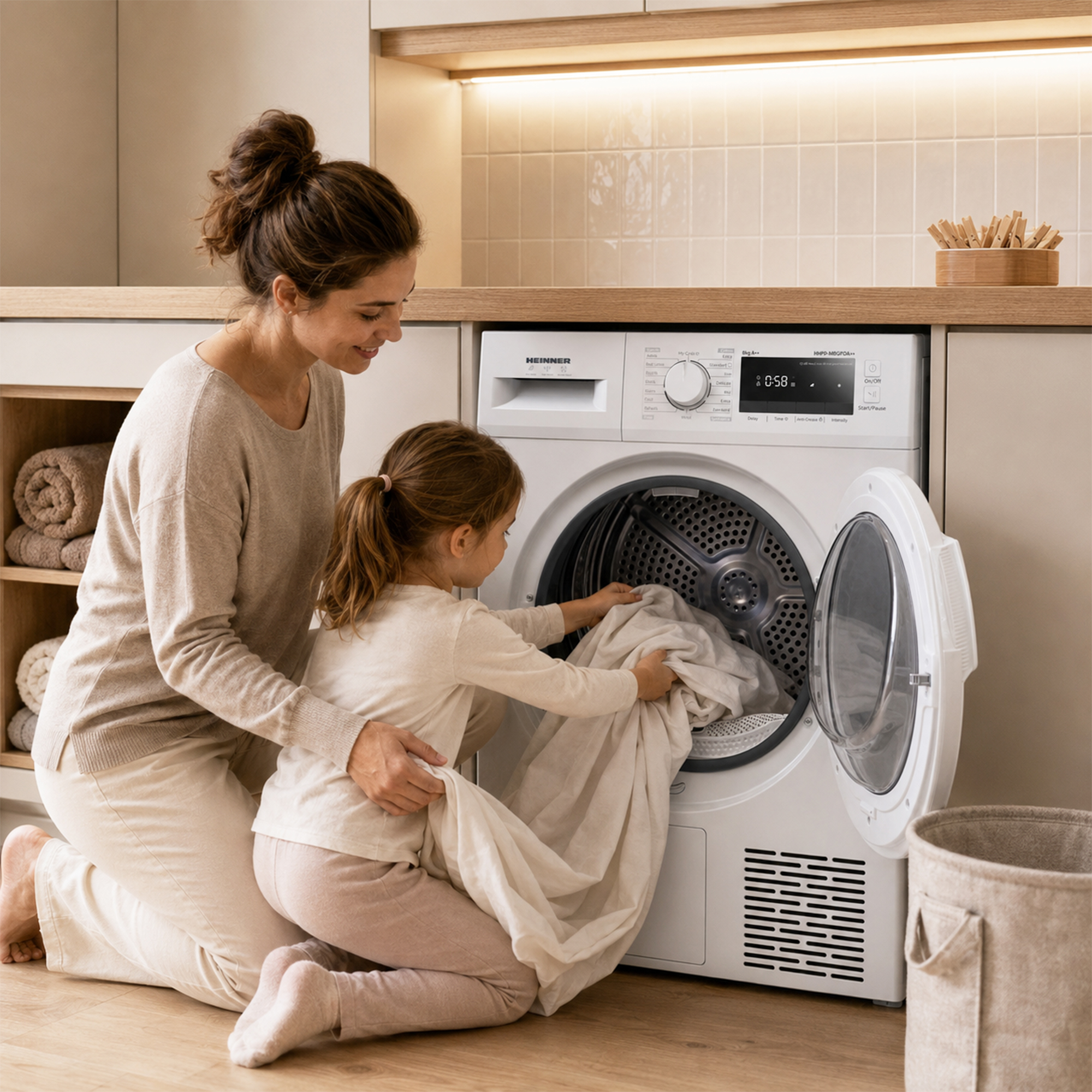 Mutter und Tochter laden Wäsche in eine weiße Waschmaschine in einer modernen Küche.