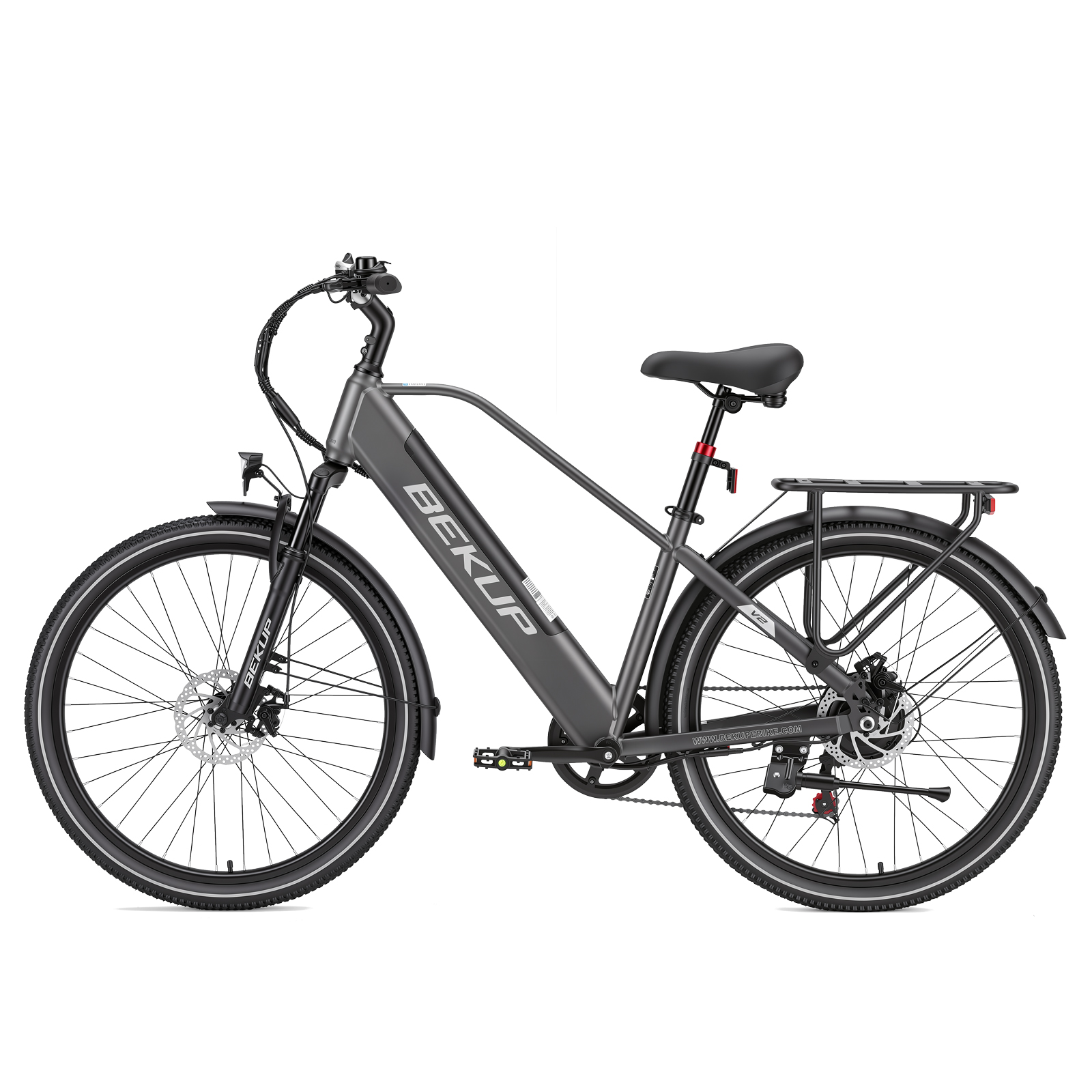 Ein graues Bekup E-Bike mit Gepäckträger auf weißem Hintergrund.
