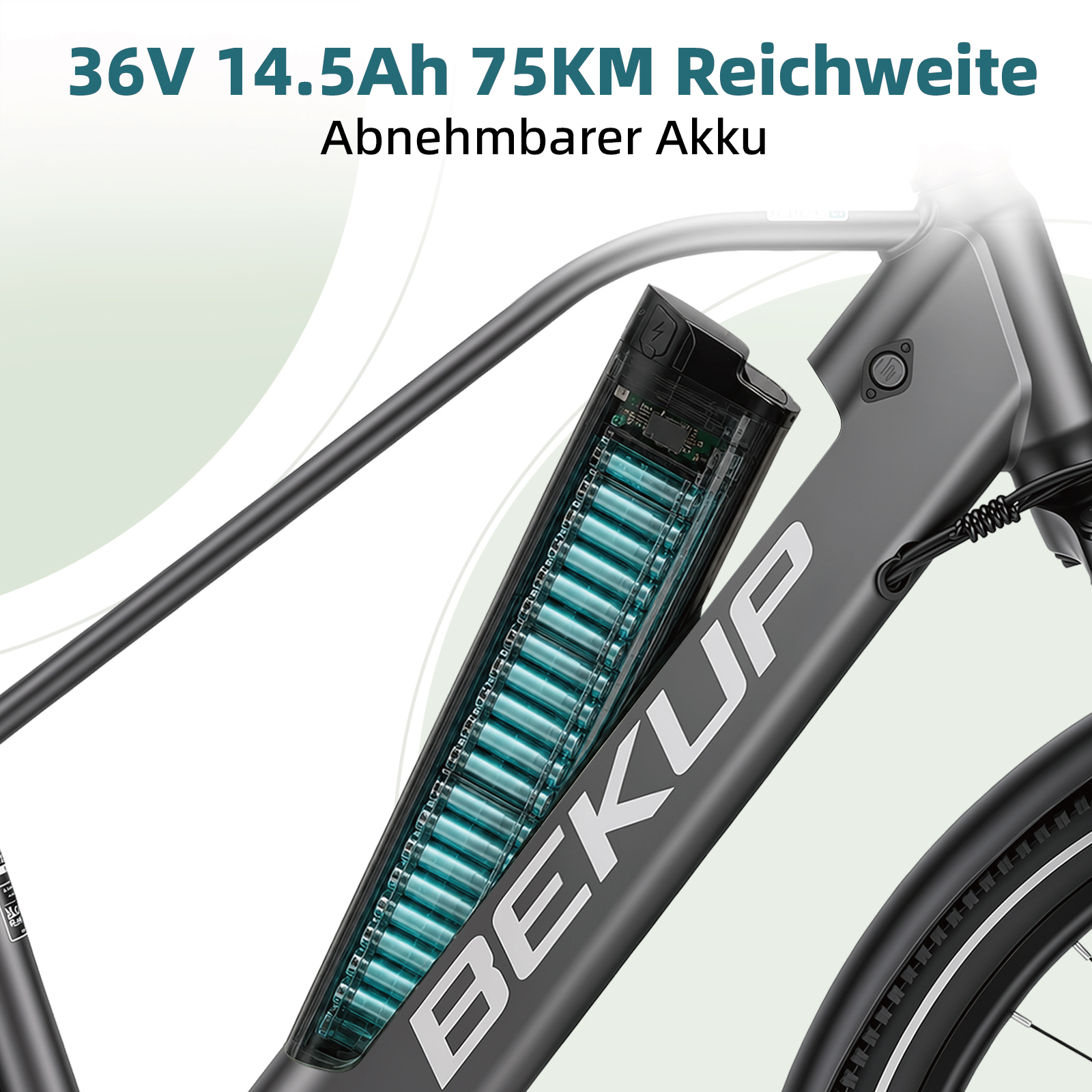 E-Bike-Rahmen mit herausnehmbarer Batterie, die interne zylindrische Zellen zeigt.