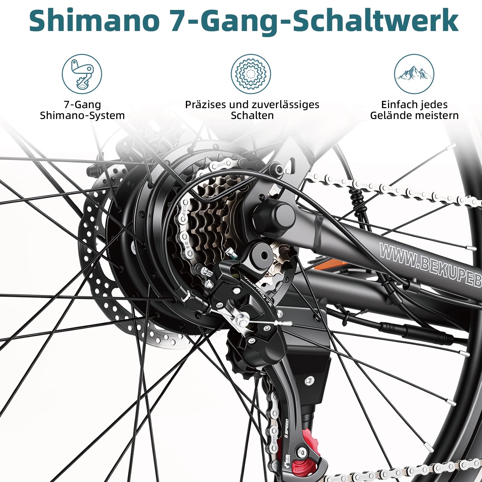 Nahaufnahme eines Shimano 7-Gang-Schaltwerks an einem Fahrrad mit Text und Symbolen.