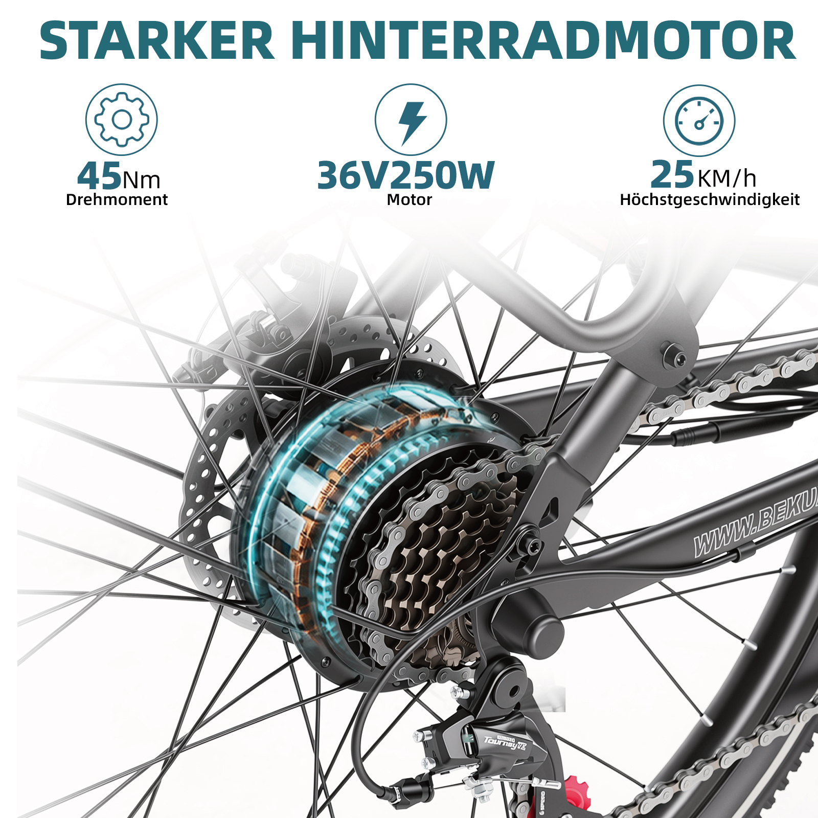 Nahaufnahme eines E-Bike-Hinterradnabenmotors mit Angaben zu Drehmoment, Leistung und Geschwindigkeit.