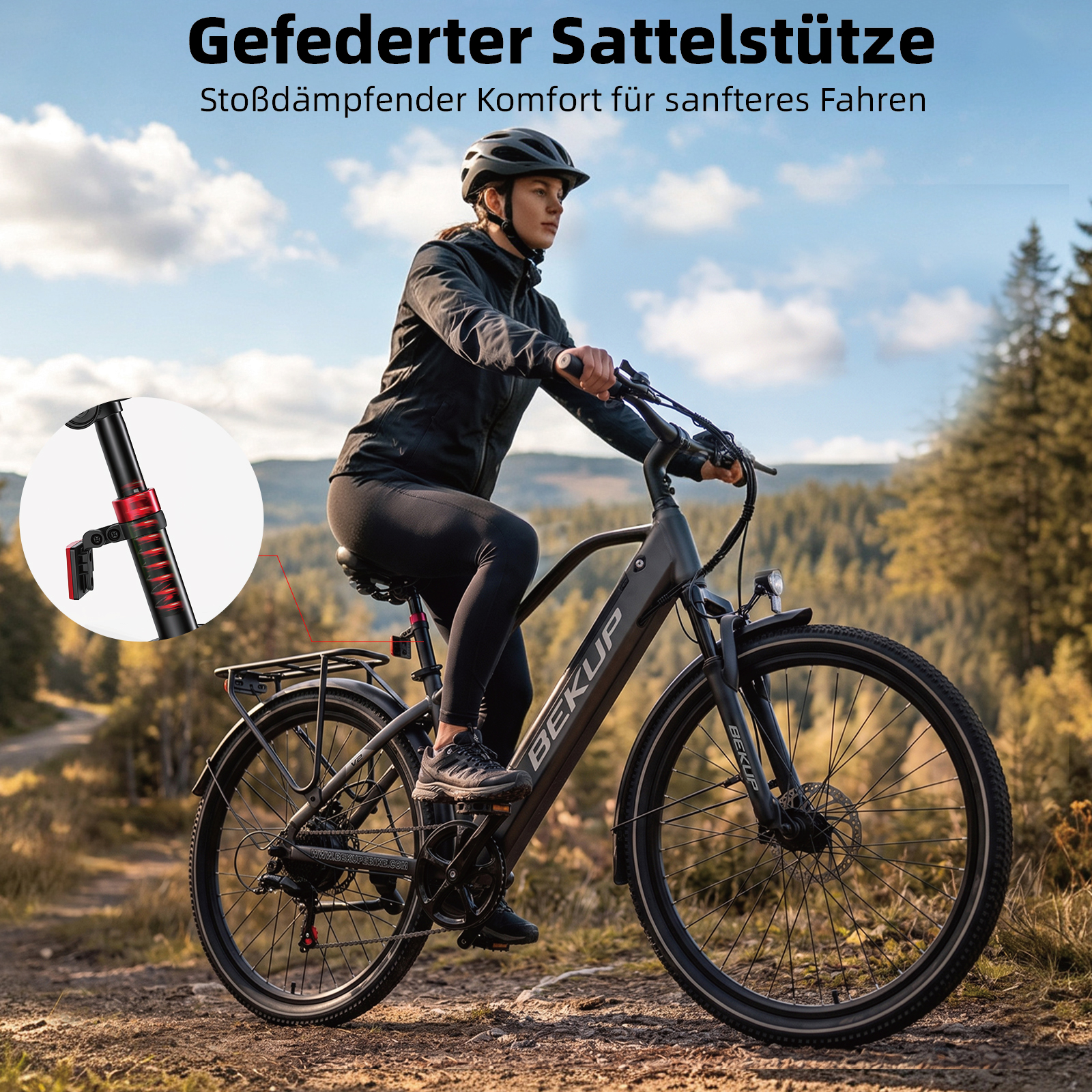 Eine Frau fährt E-Bike auf einem Waldweg, im Fokus eine gefederte Sattelstütze mit roter Feder.