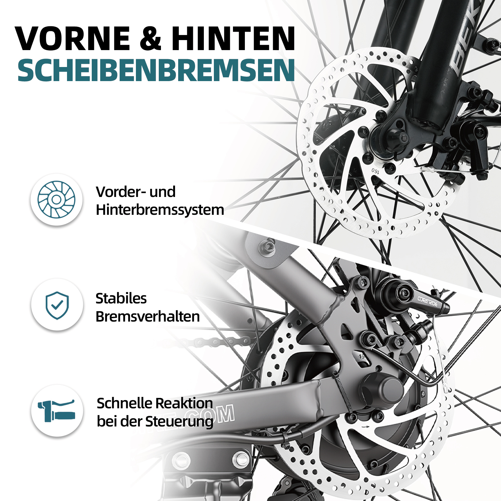 Nahaufnahme der vorderen und hinteren Scheiben bremsen eines Fahrrads mit erklärendem Text.