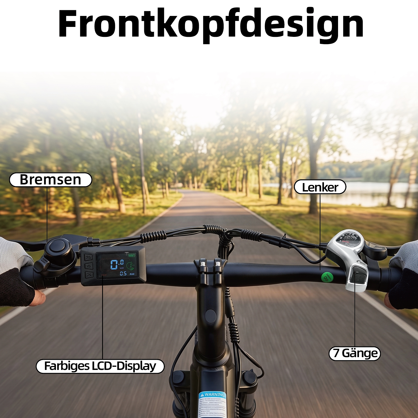 Fahrradlenker mit LCD-Display, Bremsen und Schaltung vor einer gepflasterten Allee.