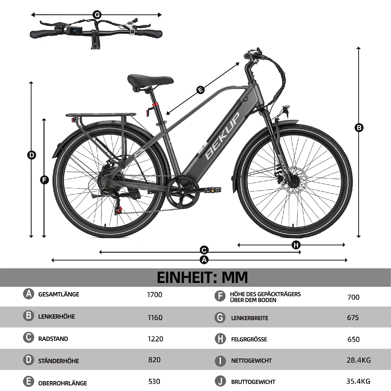 Technische Zeichnung eines grauen BEKUP E-Bikes mit Maßangaben von A bis J und einer Größentabelle.