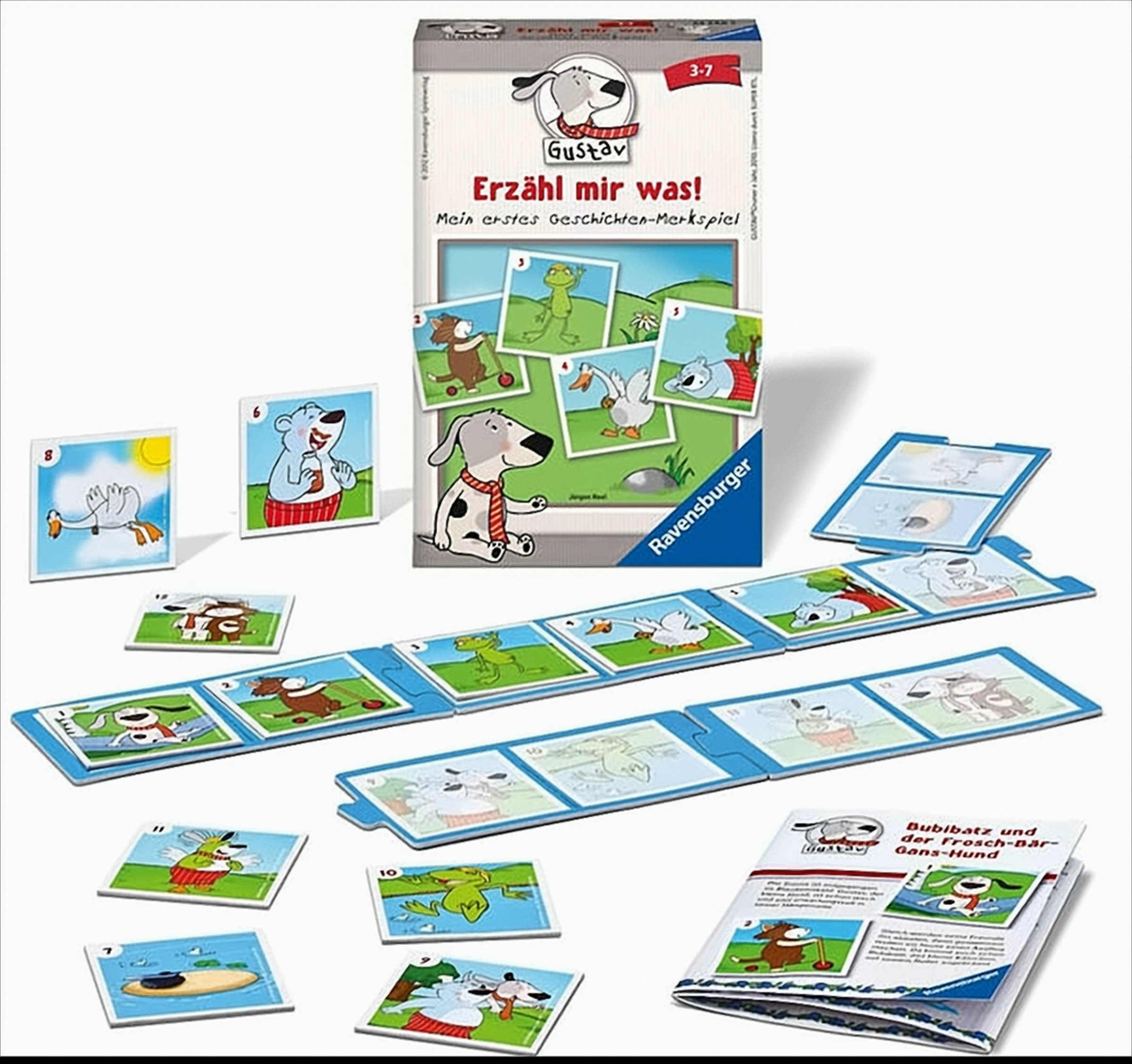 Ravensburger Brettspiel Gustav Erzähl mir was mit Schachtel, Spielkarten, Legebrettern und Anleitung auf weißem Grund.