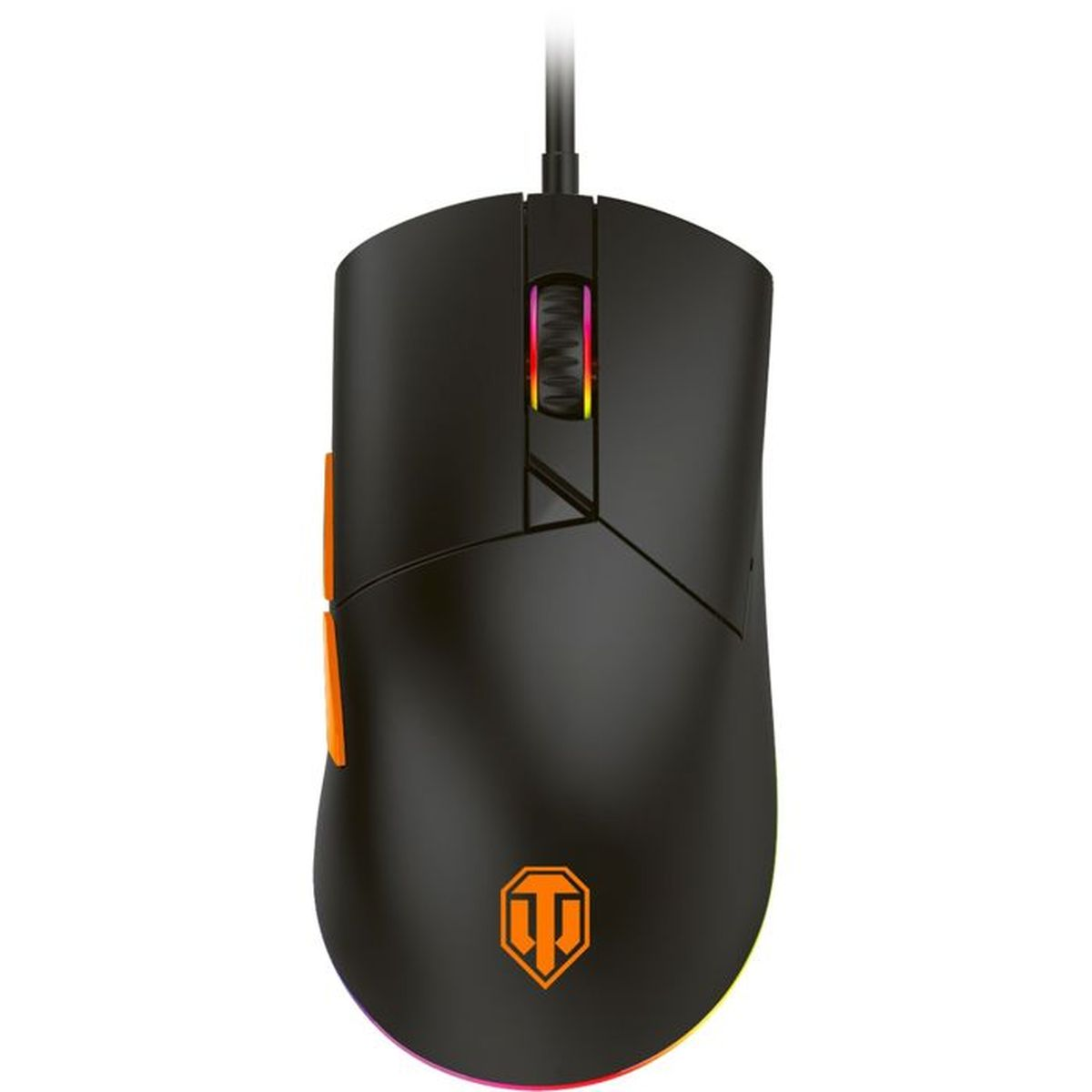Eine schwarze Gaming-Maus mit RGB-Scrollrad, orangen Seitentasten, einem orangen Logo und bunten Lichtern unten.