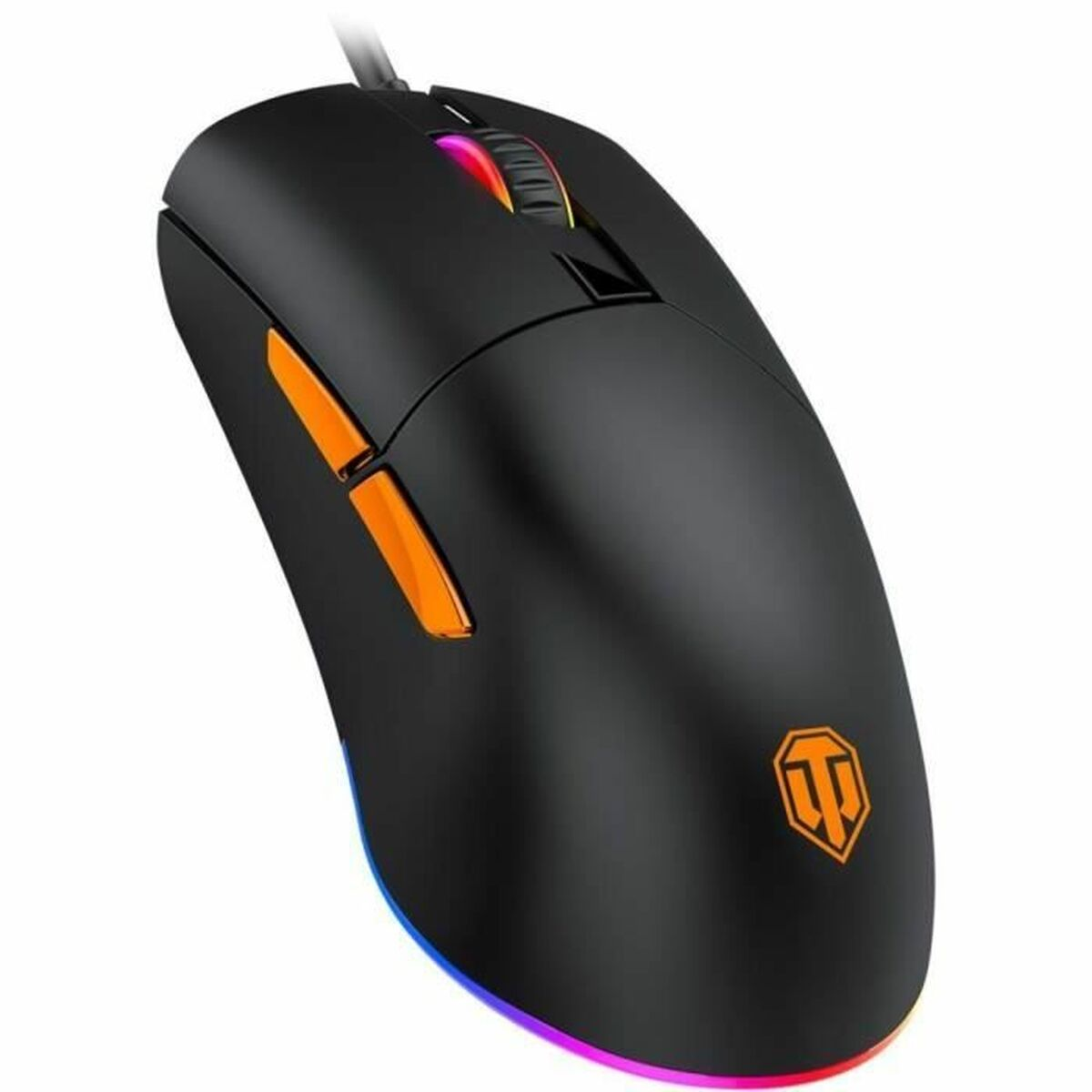 Schwarze Gaming-Maus mit orangefarbenen Akzenten, RGB-Beleuchtung und seitlichen Tasten auf weißem Hintergrund.