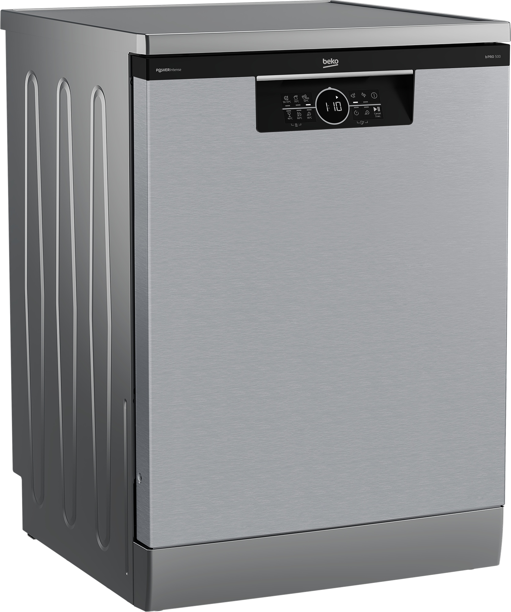 Una lavastoviglie Beko argentata con pannello di controllo digitale frontale e scanalature laterali.